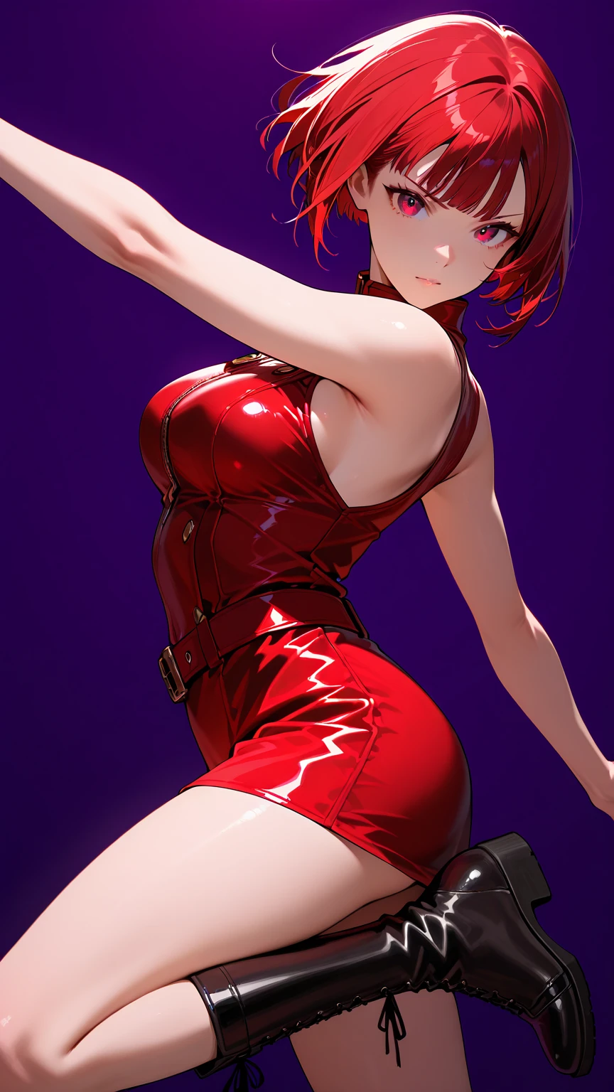 Redhead anime girl wearing pink latex top and black leather pants, , corpo bonito, seios grandes, kneeling on the floor with hands on waist, hands on hip, agachada, red hair with braid, beautiful lighting, susve sombras, olhos azuis, pernas bonitas, hair with braid, estilo anime, Ranma Chan, Autora Rumiko Takahashi, Baseado em obra de Rumiko Takahashi, Anime Ranma 1/2, seios grandes, decote sexy, quadril robusto, corpo inteiro, corpo inteiro, Seios lindos, garota jovem com corpo belo e bonito, sombreamento suave