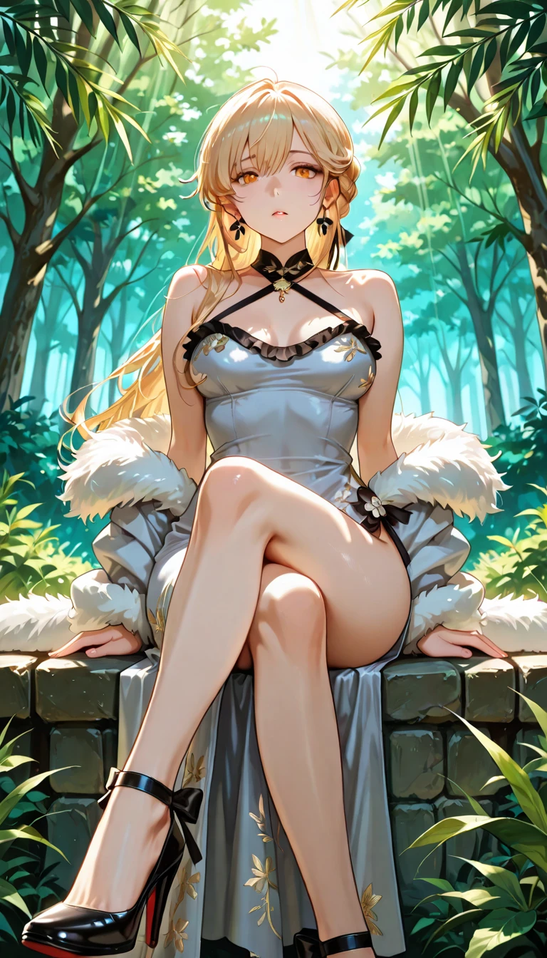 One girl, alone, outside,Heavy breathing,vapor, sweating, hot,Embrace yourself,In the woods,under the tree, Backlight,From below,,Grit your teeth, Troubled eyebrows, distress, big breasts, (def1), masterpiece, highest quality, Very detailed, Dynamic Lighting, 8k resolution, Very detailed肌, Fine grain, Detailed face, fine hair details, Shiny Hair, Glowing Skin, Oil,full body