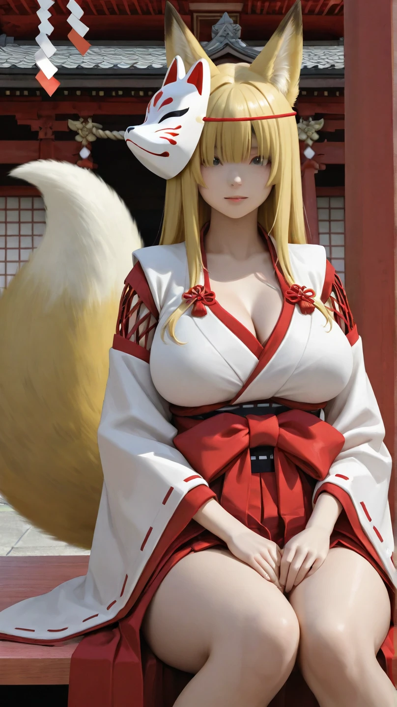 Fox Woman、body covered with fur、huge-breasted、kawaii、shrine maiden、Japan white clothes,Red Hakama、torii gate,summer day、From the top、Overhead view、Wide Shot、Very Wide Shot、A big smile、bbw、thick thight、big butts、Ultramammy