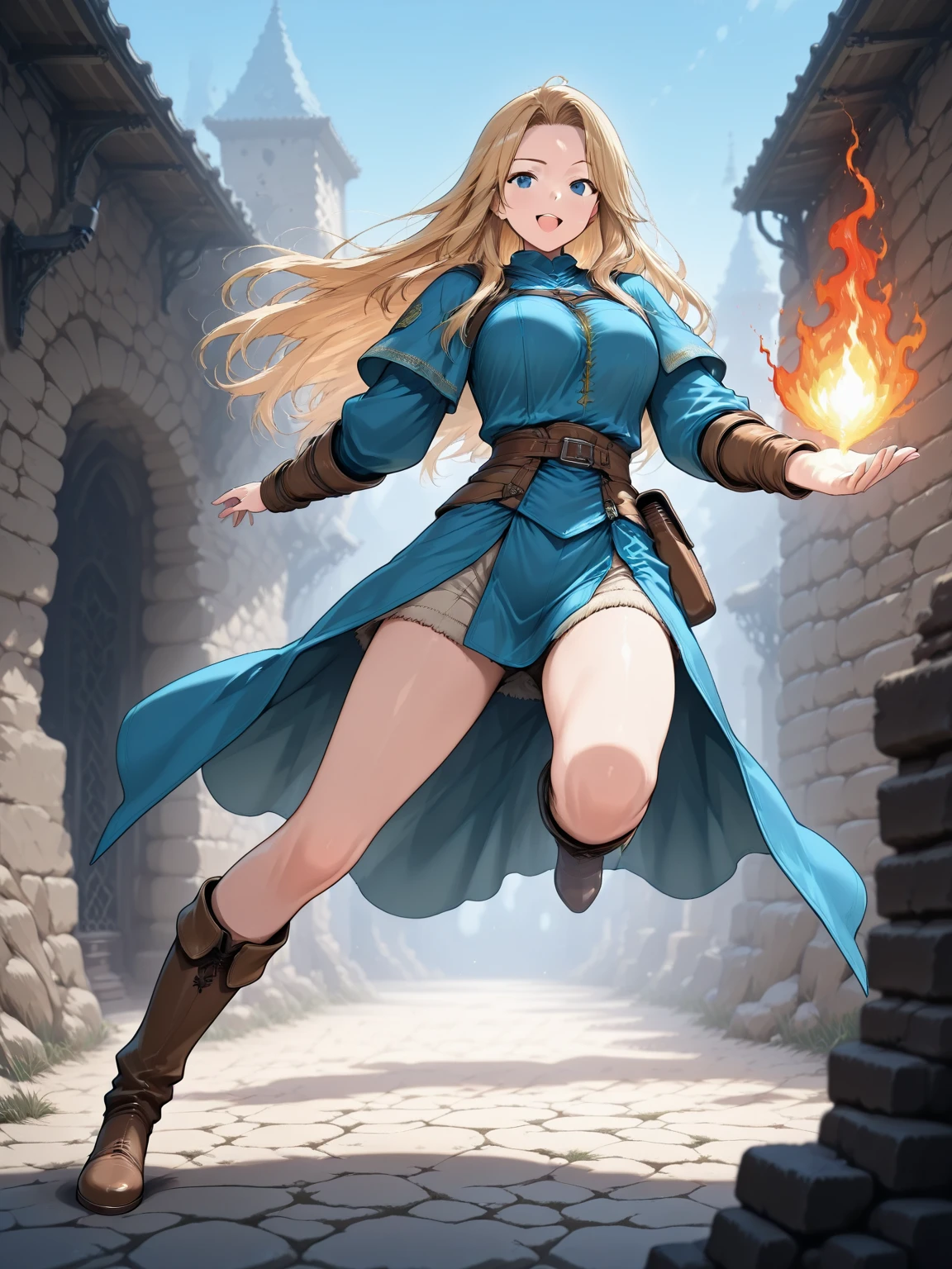 masterpiece,best quality,1girl,aazelda,blue eyes,blonde hair,short hair,hairclip,crown braid,hairclip,pointy ears,brown cape,blue shirt,puffy sleeves,long sleeves,fingerless gloves,black gloves,black pants,tight pants,large breasts,wide hips,thick thighs,looking to the side,(holding,holding torch),cave,cowboy shot,dutch angle,<lora:CHAR-tLoZ-Zelda(BotW)-v1-h_madoka:0.8>,<lora:Concept-control tool-add_detail-CyberAIchemist:0.9>,