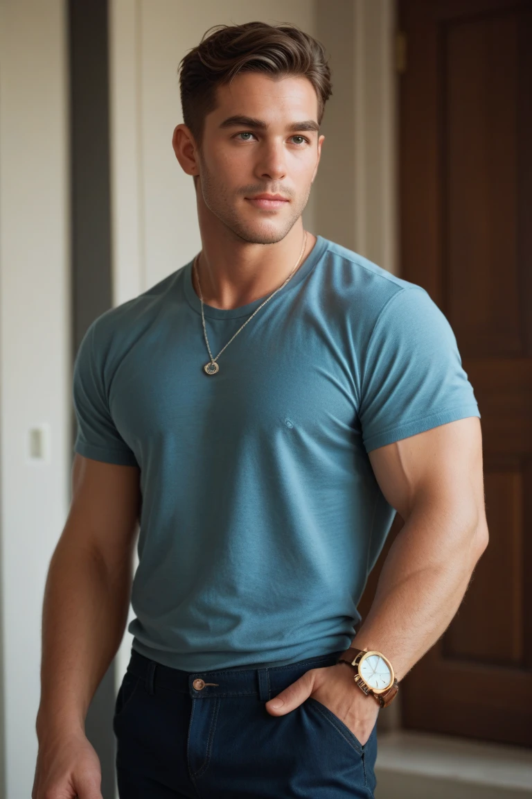 Un hombre con la cara se parece a braden werch., Su cuerpo es musculoso y pe barba dentada. Full body. Camisa Fajada, gray jeans, big bulge