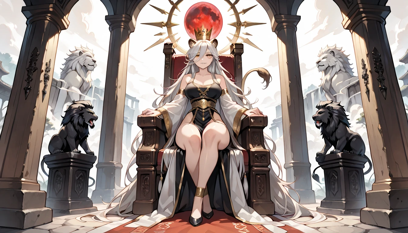 Woman, beautiful and strong well defined arm , very confident and serious eyes , fair face red eyes, strong well defined leg and glutes, with princess crown, white hair and mixed red ,  you are sitting inside your kingdom with the sun raging very brightly , beautiful clothes white and mixed with yellow and red so powerful so real