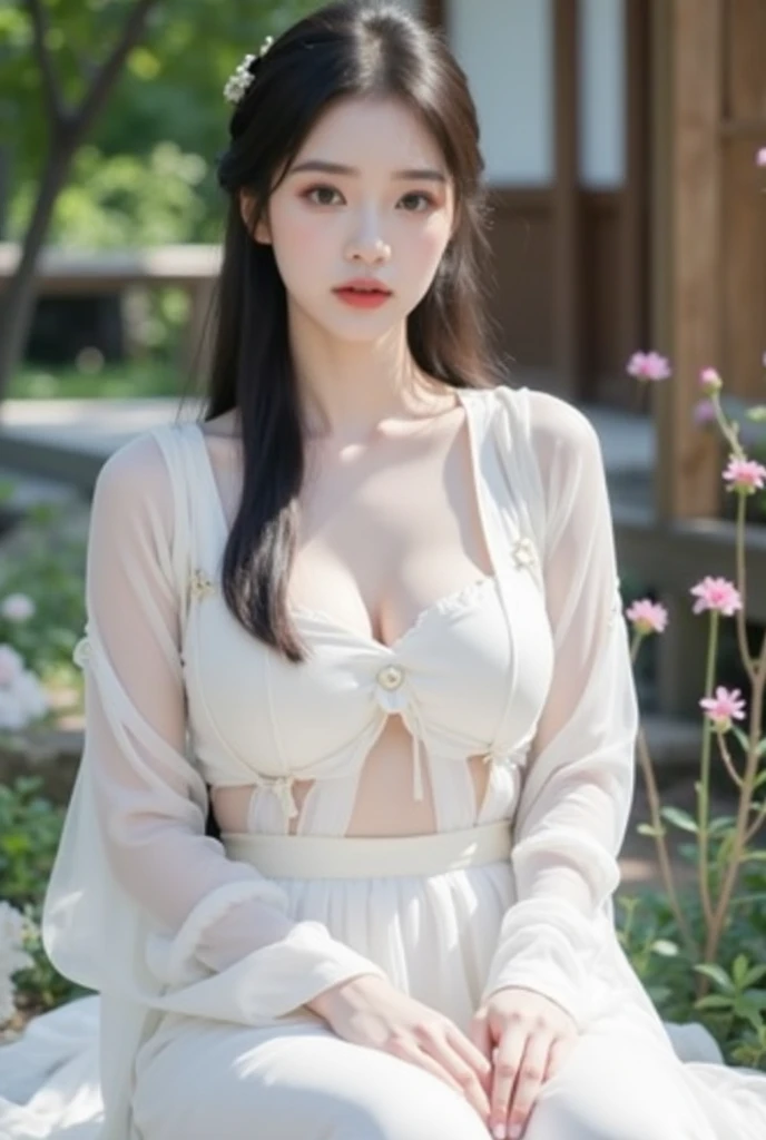 Beautiful dance pose, She gently lifted her skirt with one hand,头发周围有白色的Butterfly兰,Lilac dendrobium、White Lily, Long legs , Deep in Wonderland, ((Flowing long hair))Official Art , Unity8k Wallpaper , Extremely detailed , Visible cleavage, Pretty and beautiful , 性感Long legs, masterpiece , best quality ,Practical, Very detailed illustrations ,Extremely detailed , Intricate details , Extremely complex and detailed , Very detailed 8KCG wallpaper , Caustics .reflection , Ray Tracing , Devil theme ,nebula ,Dark aura, Network Effects , (1 girl)solitary , 小蓝Butterfly , (Blue plasma flame , (insect , Butterfly)) Pastel tones in Rococo style ,Light white and light dark red , Incredibly beautiful , Cherry blossoms , Surrealism ,painting , Ethereal , Mixing reality and fantasy elements ,Ray Tracing , Complex Mode , Exquisite lines , Perfect your hands, Starry Sky , Colorful , Star
