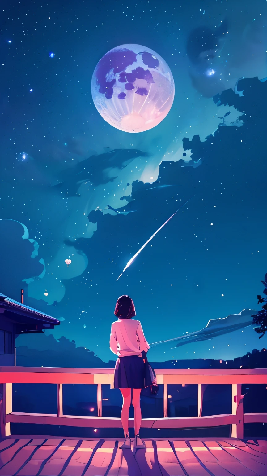 summer night、Rear View of a Pretty Girl Staring at the Milky Way、Dreaming Alone Girl、Majestic Milky Way and Clear Starry Sky、Clouds at night illuminated by a large white glowing moon、 fantastic universe、Little Saturn
