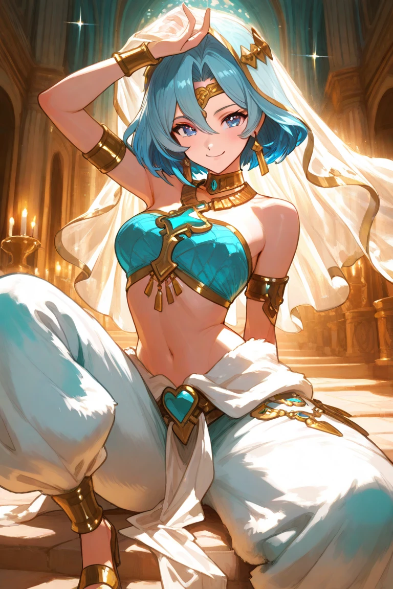 (masterpiece), best quality, expressive eyes, perfect face,Mature female,1 girl (ganyu,Genshin impact),(belly dancer outfit,exposed midriff,topless),royal bedroom background,medium breasts,smile,topless,nipple,slim figure,