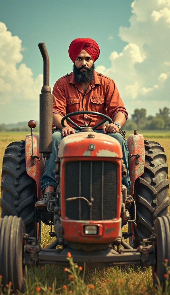 A young farmer wearing pagdi and dhoti with mustache while tilting the land sitting in a tractor plough. Show the tractor plough also