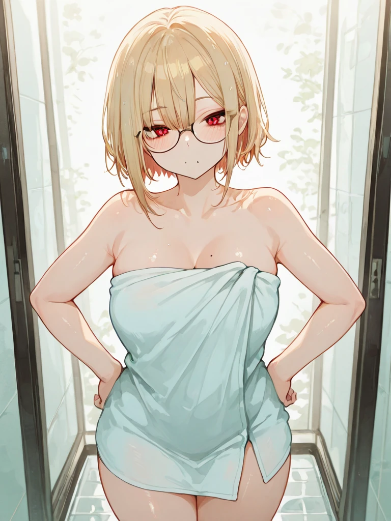 chubby girl, blonde, medium length hair, open forehead, no bangs, green eyes, black square-rimmed glasses 
without clothes, white towel
bathroom