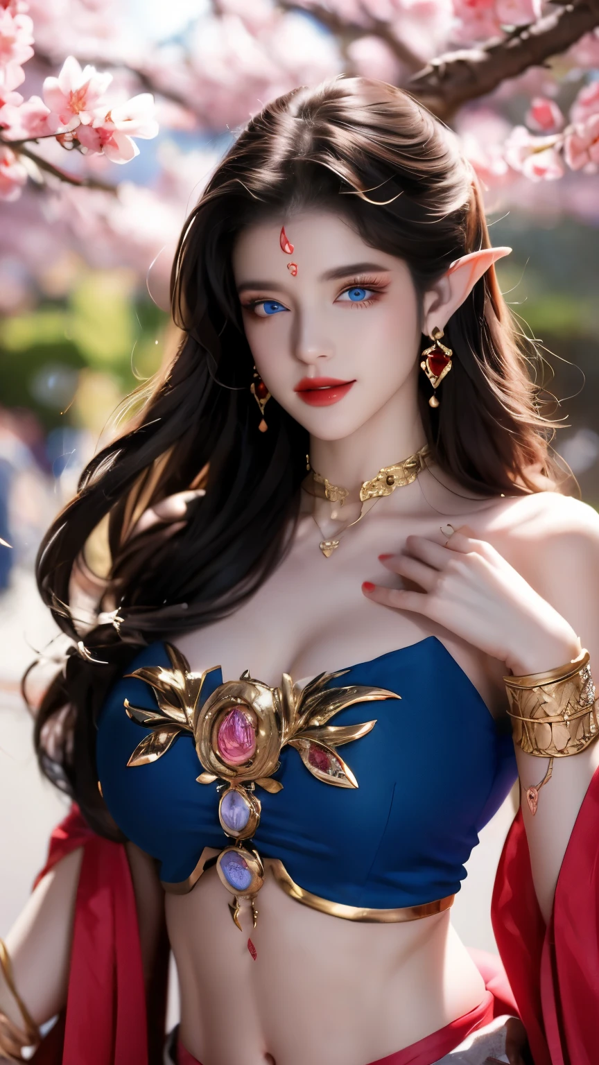 One 20 year old girl, breast 1.1, navel,upper body,bare shoulders,wears tube top,red skirt, blue gems,shiny skin,hand in own hair,(mature female),milf, medusa, deep blue eyes, jet black long hair, 8k resolution high quality,background: around the garden surrounded by Sakura trees with fluttering sakura petals, from head to thighs, hourglass figure, bare round shoulders, exposed midriff, a tilak on her forehead,ornamental logo on her forehead, snake crown, necklace, earings with blue gem, long black hair bangs, pointy ears,golden bracelet,Bright lightening under the sun through sakura canopy. High quality 16k resolution,( HDR :1.5), cinematic look, ultra-detailed,ultra lightening, (photorealistic :1.2), long thin straight eyelashes, dense black eyelashes,sharp eyes, diamond shaped head, straight nose, closed heart shaped lips