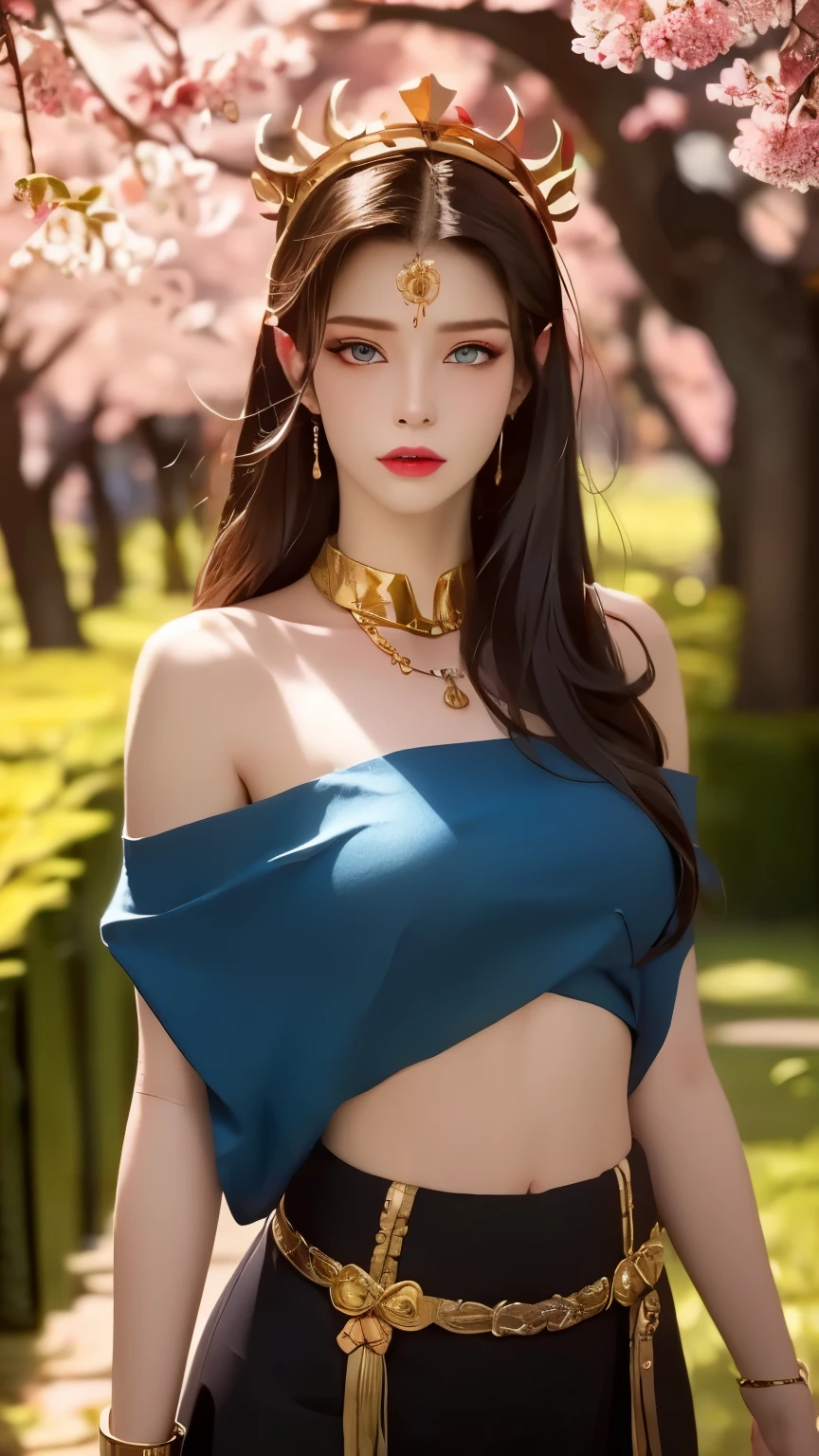 One 20 year old girl, breast 1.1, navel,upper body,bare shoulders,wears tube top,red skirt, blue gems,shiny skin,hand in own hair,(mature female),milf, medusa, deep blue eyes, jet black long hair, 8k resolution high quality,background: around the garden surrounded by Sakura trees with fluttering sakura petals, from head to thighs, hourglass figure, bare round shoulders, exposed midriff, a tilak on her forehead,ornamental logo on her forehead, snake crown, necklace, earings with blue gem, long black hair bangs, pointy ears,golden bracelet,Bright lightening under the sun through sakura canopy. High quality 16k resolution,( HDR :1.5), cinematic look, ultra-detailed,ultra lightening, (photorealistic :1.2), long thin straight eyelashes, dense black eyelashes,sharp eyes, diamond shaped head, straight nose, small closed heart shaped lips,sexy, hot, (masterpiece:1.5)