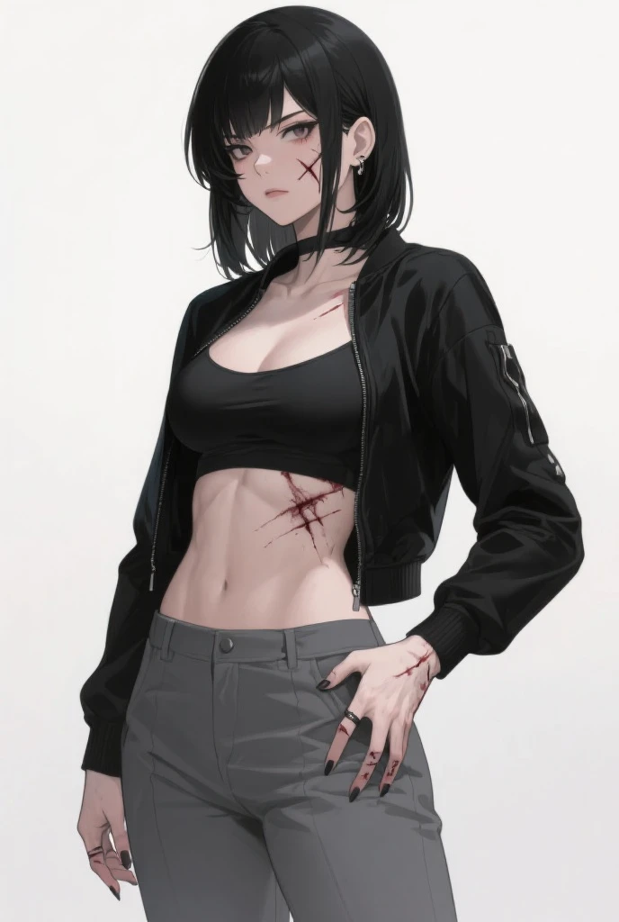 Angle from below, A woman with her hands in her pockets, Asymmetrical Short Hair, Zippered hoodie, Skinny jeans, Perfect body, Big Breasts, Attractive abs, abstract design, Smoke flickering background, Anime Style, Digital Painting, (masterpiece, High resolution, Highest quality)