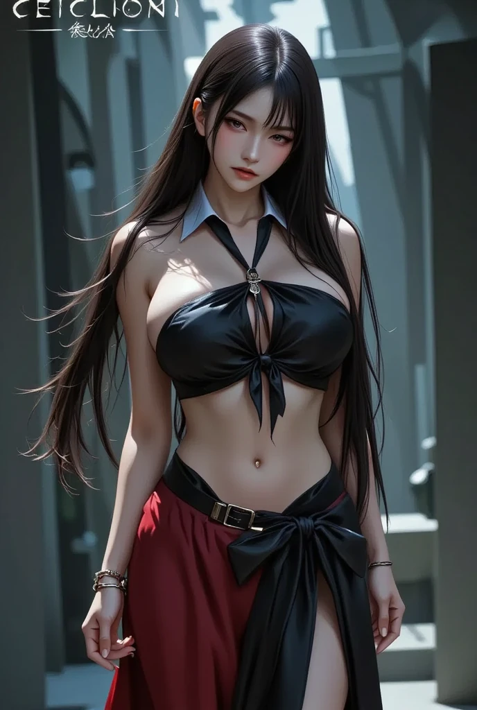 best quality, intricate details, chromatic aberration, 1girl, long hair, black hair, messy hair, red highlights, hair over one eye, red eyes, sharp eyes, choker,, , armbinder, arms behind back, bound arms,  