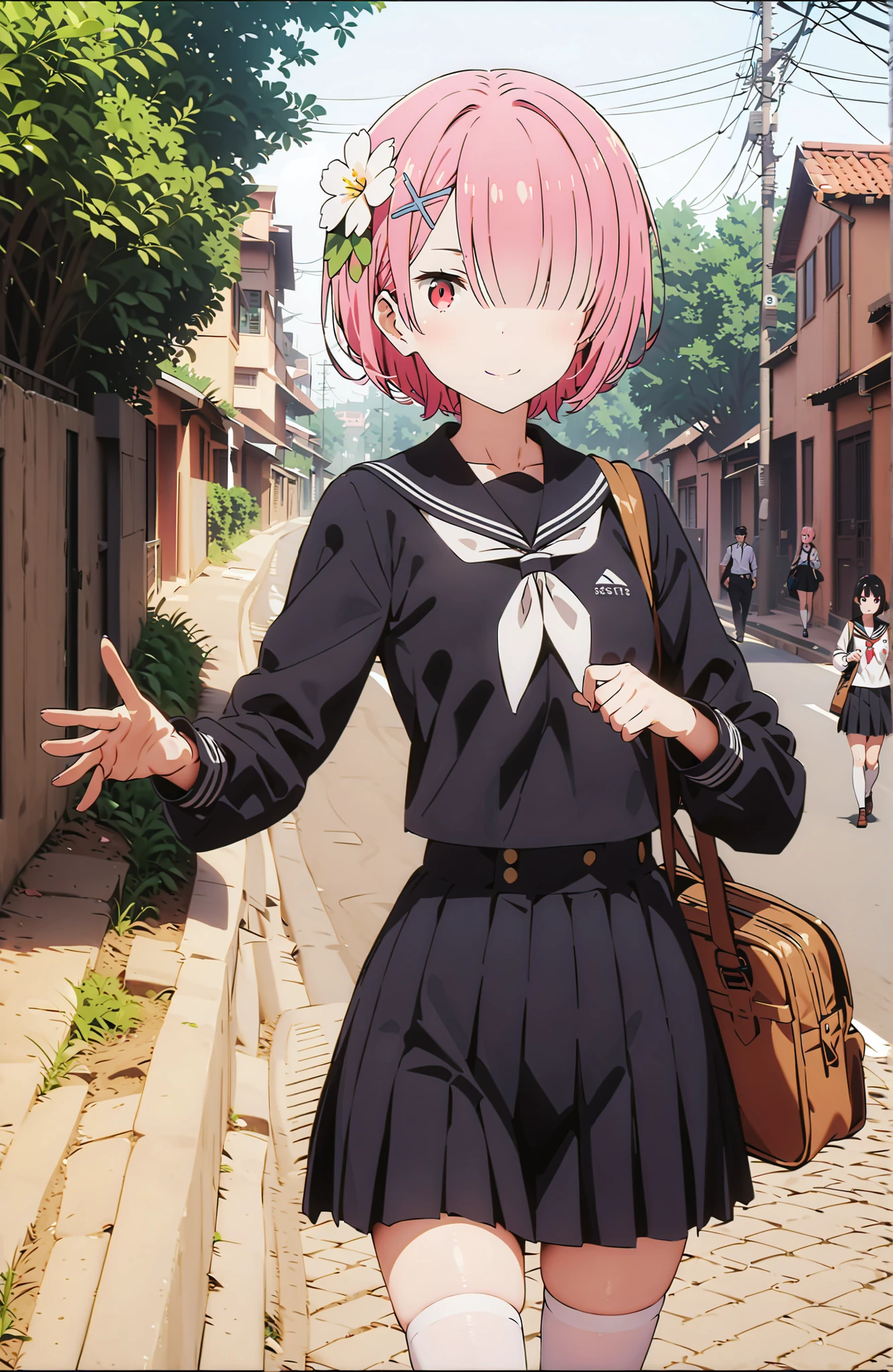 score_9, score_8_up, score_7_up, source_anime,Ram, solo,hair flower, hair ornament,Hide one eye with bangs, pink hair, Red Eyes, short hair, x hair ornament,smile,blush, shut your mouth,Black Sailor Suit,long sleeve, Black Mini Pleated Skirt ,white thigh high socks,loafers,Student bag 1 :1,spring,Cherry Blossoms,walking,,as if the whole body is in the illustration,in their 40s looking at viewer,full body,
in their 40s outdoors, residential area ,
in their 40s (masterpiece:1.2),Highest Quality ,Kampala,unity 8k 壁紙,(shape:0.8),( fine and beautiful eyes :1.6),It's a person ,full body photo,CG Details , (perfect hand in h,Complete Anatomy),