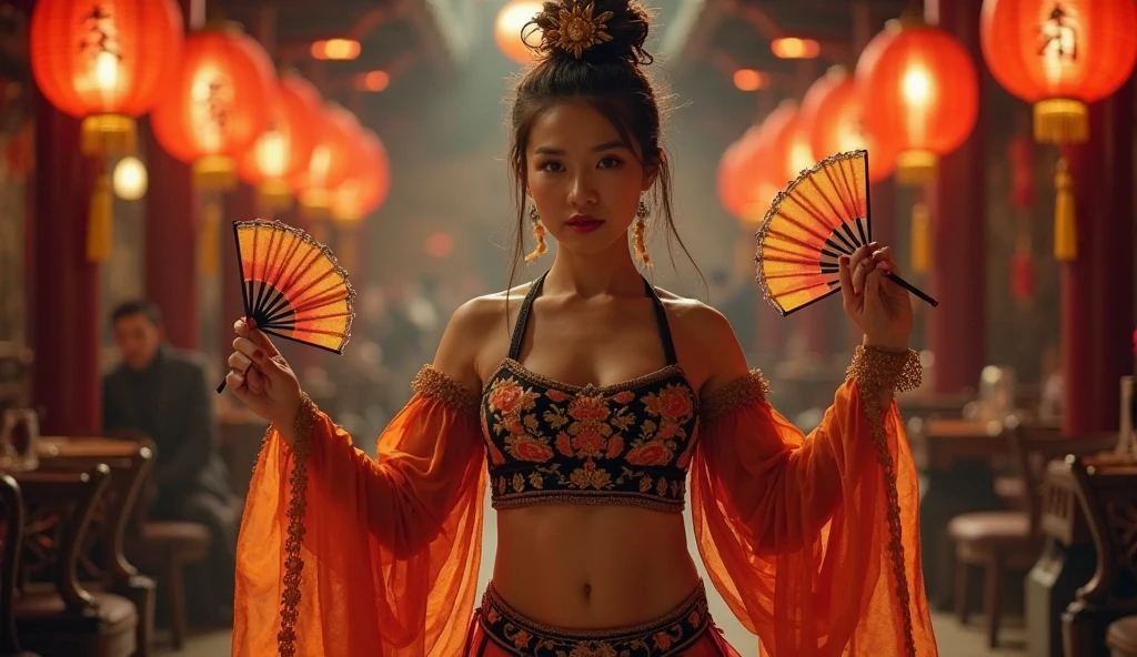 Ultra Realistic,Mulan, wearing sexy dress, dancing, crowded nightclub, dramatic makeup, spotlight, god rays, volumetric smoke in the background , elegant, <lora:Cine Princesses:1> <lora:EnvyEleganceXL01:1>