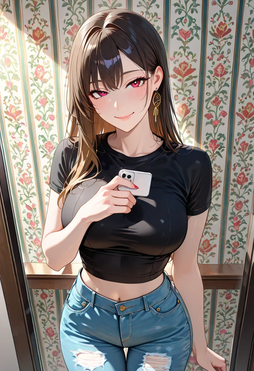 kurumitokisaki, tokisaki kurumi, clock eyes, black hair, twintails, (red eyes:1.2), (yellow eyes:1.2), heterochromia, (medium breast:1.3), grin smile, BREAK looking at viewer, BREAK living room background, BREAK (masterpiece:1.2), best quality, high resolution, unity 8k wallpaper, (illustration:0.8), (beautiful detailed eyes:1.6), extremely detailed face, perfect lighting, extremely detailed CG, (perfect hands, perfect anatomy), black tshirt:1.5, underboob:1.4, lift tshirt:1.4, standing:1.4, black panties:1.4, red converse shoes:1.4, show nipples:1.4, selfie in mirror:1.5,