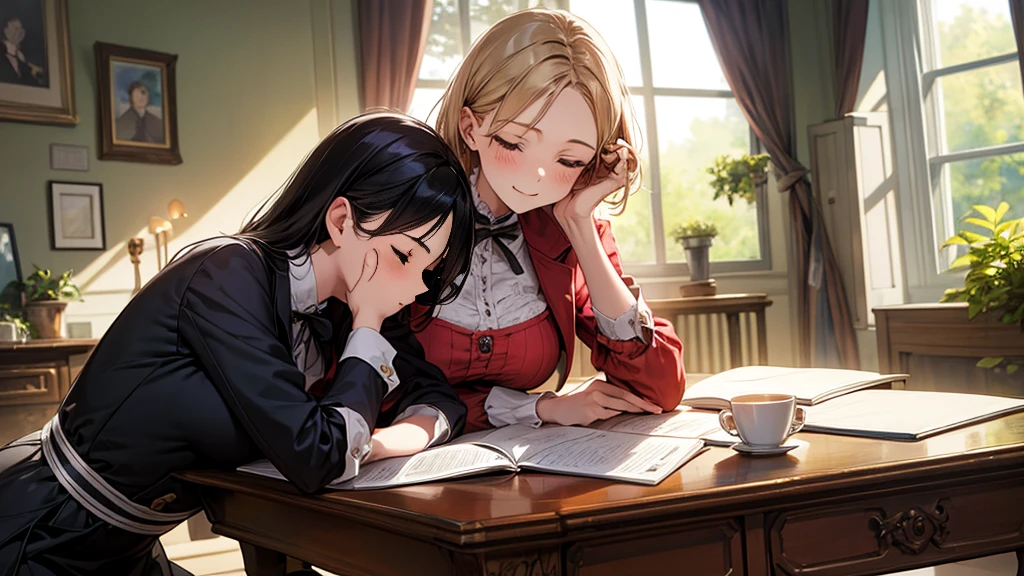 Mix with the background, They are two women in a room with a clock and a lamp., WLOP y ROSS Tran, wlop and andrei riabovitchev, Ross Tran y Bayard Wu, Edgar Maxence and Ross Tran, Wlop and Sakimichan, Ross Tran y Wlop, Loish and Ross Tran, WLOP and Ross Thran, Wlop and Ross draw.