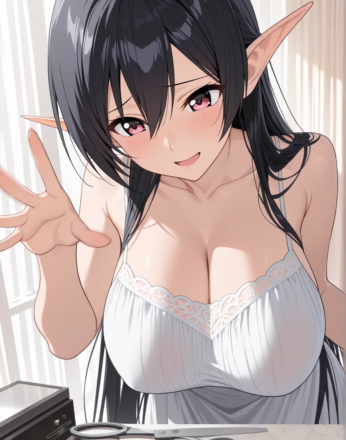Bed, pillow, blanket, (2girls:1.5), fantasy, princess, (height_difference:1.4), (giantess:1.4), a minigirl resting next to the breasts of a giantess, a minigirl resting close to the breasts of a giantess, laying down,  Elfgirl, resting, big breasts, cleavage, upper body, happy, naked, lingerie, (minigirl:1.2), (Masterpiece), (Best Definition Animated Illustration), (Super Definition), sexy clothing, fluffy, frills, sleeping