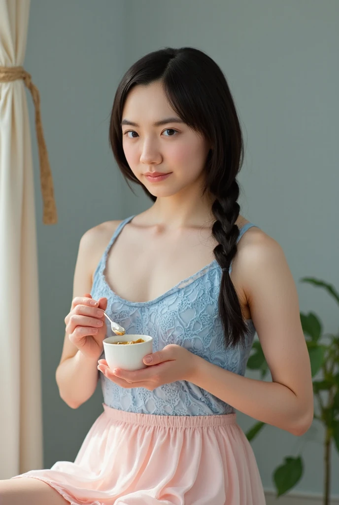 A super beautiful Japanese woman playing with a kitten