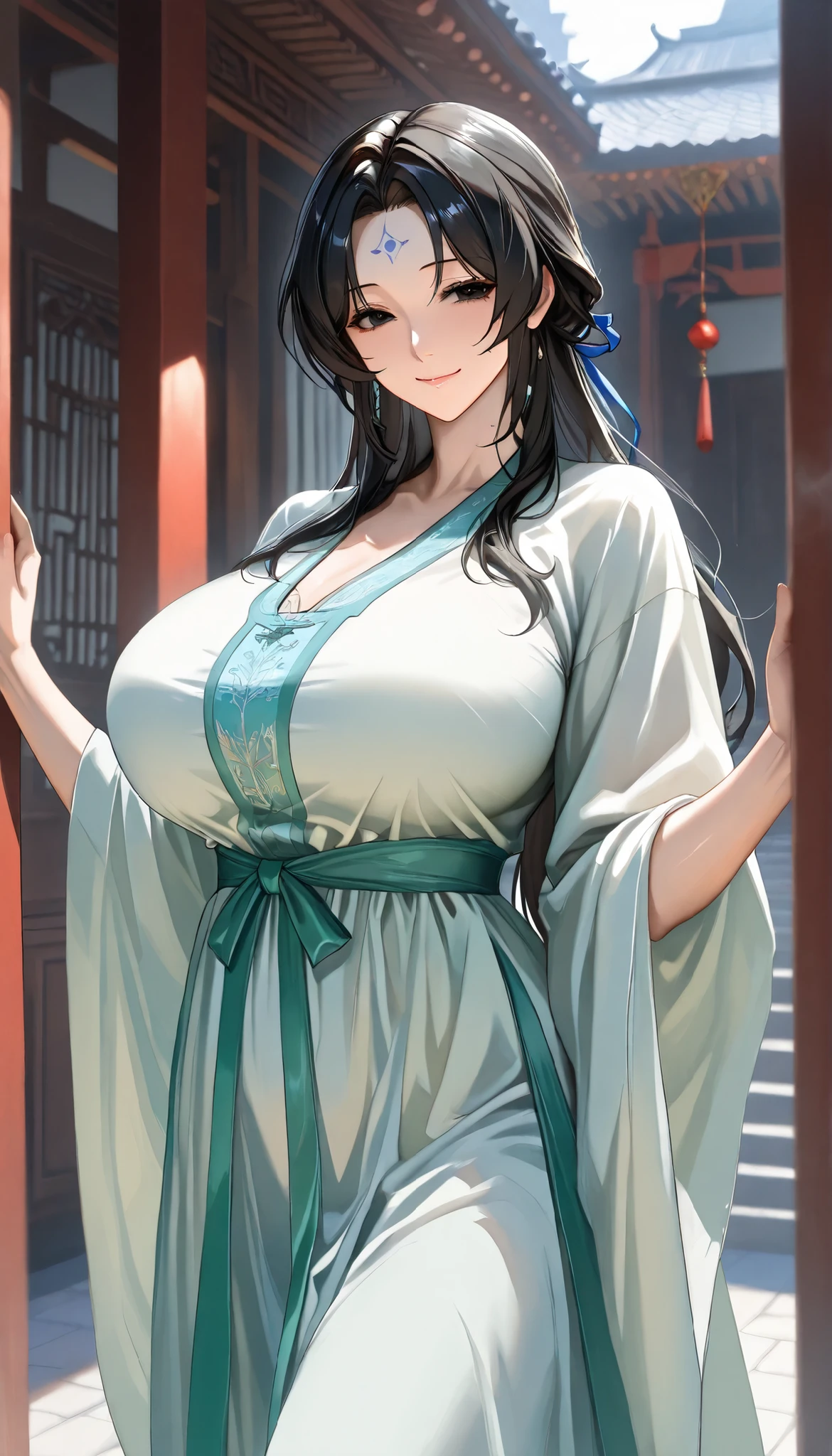 SOLO, A Female,Mature flavor, Perfect body,Huge Oppai,Chinese Black long hair,Black eyes,Blue Forehead tattoo, Wearing A Green and White Chinese Robe(Hanfu type), In the Chinese classical Garden,Open Pose,Light smile,UHD, anatomically correct, masterpiece, textured skin, high details, highres, 1080P, 16k, accurate, Beautiful face, Perfect face, Highly detailed beautiful face and eyes, Attractive face, Detailed face, Delicate facial features, Detailed skin,Cowboy shot,Look at the view,(((hbig bosom)))
