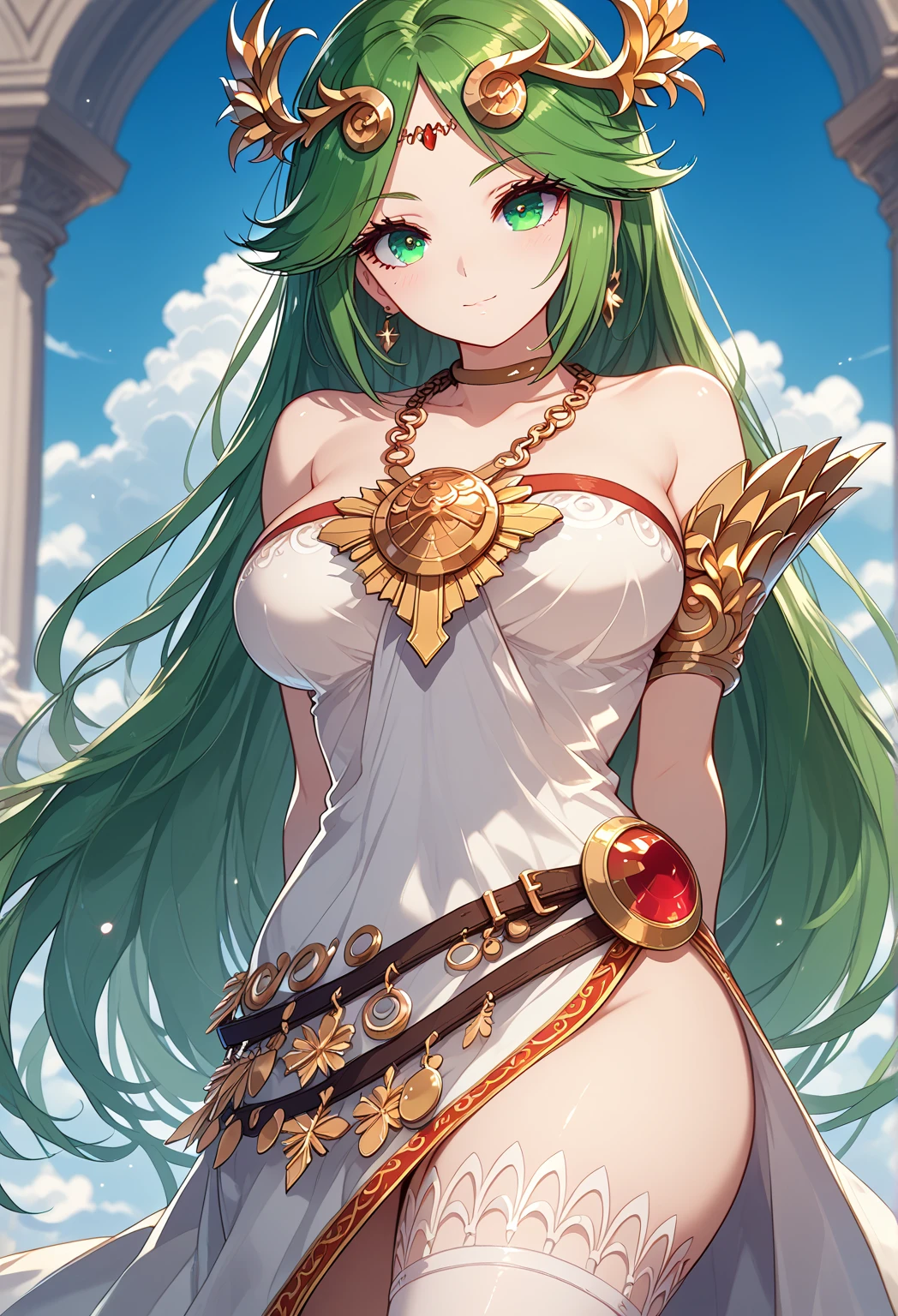 An anime-style artwork depicting rhea from the game Fire Emblem: Three Houses.
Tags: rhea, anime, detailed eyes, detailed lips, green hair, white dress, smiling expression, intense gaze, glowing emblem on hand, dynamic pose, mystical background, vibrant colors, digital art, high-resolution, professional quality, gigantic breasts, cleavage.