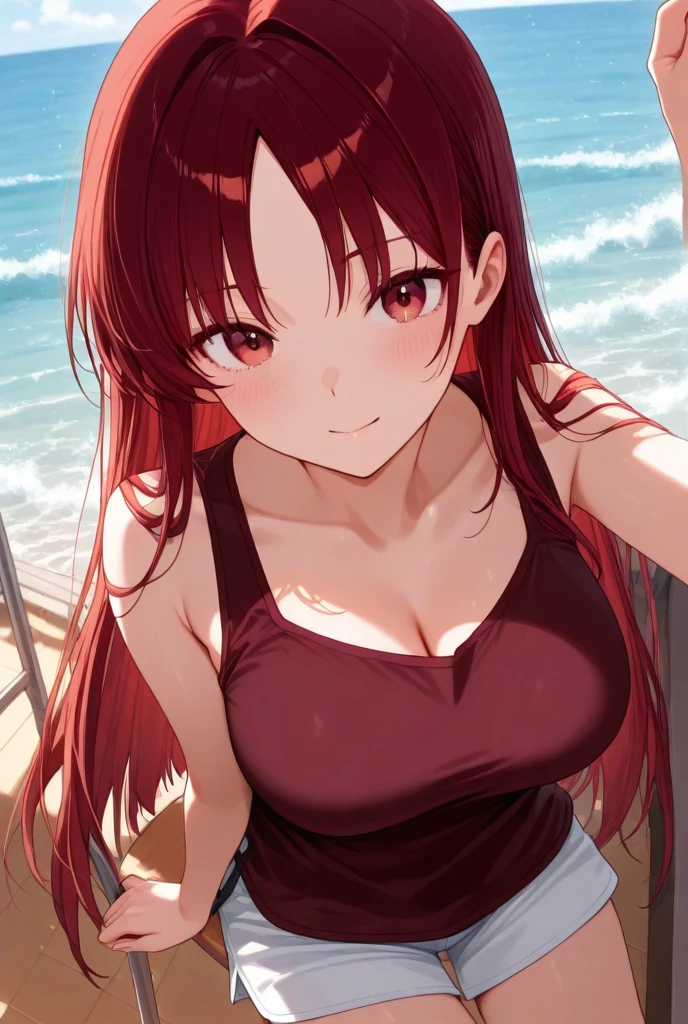 highest quality、Nice sexy body、One Woman、(solo)、((Beautiful busty woman:1.6))、(((Woman with dark red hair:1.3)))、Long hair woman、(((Woman in a red bikini:1.3)))、(((A woman wearing a white hoodie)))、smile、Beach House、Shonan sea