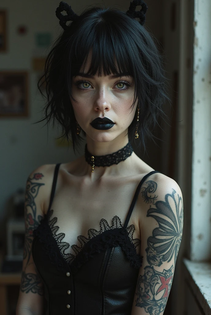 sexy Goth girl , cut hair with fringe, ((( tattooed arm))) . Night Cemitery background.