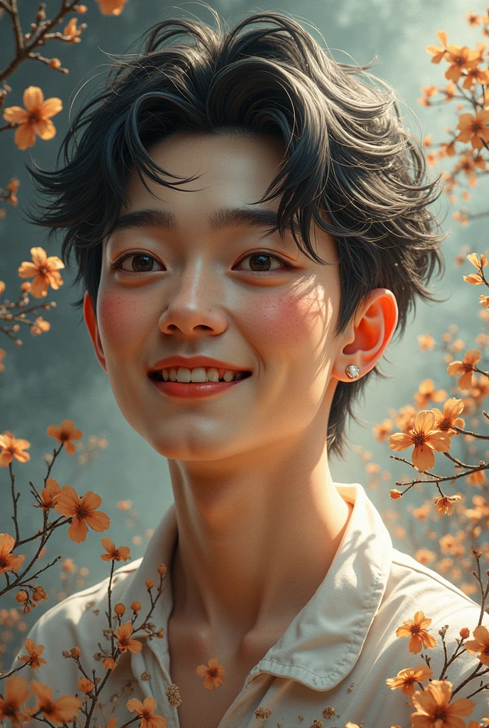 masterpiece, realistic, natural color, ultra details, full color, shallow depth of field, hd, man, young man, (8k, RAW photo:1,2), chinese skin, white undershirt, laugh