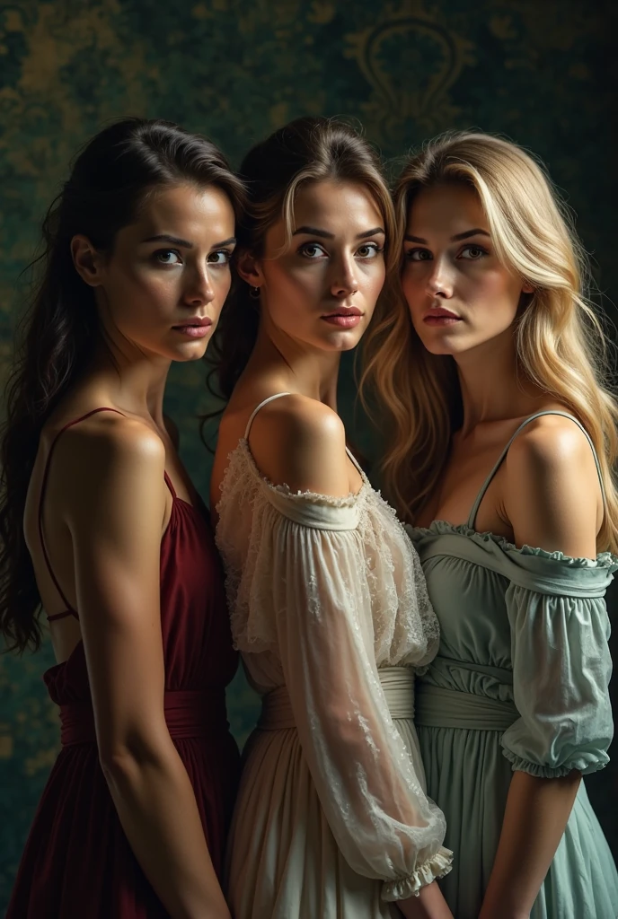 (photorealism:1.2), Realistic color photo of the three fates, Clotho 20 years old  who spins the stamen, Lachesis 40 years old who spins the spindle, Atropos 80 years old who cuts the thread, looking at the camera with proud and haughty look, high detailed skin, skin pores, rim lighting, soft natural lighting, dslr, ultra quality, sharp focus, tack sharp, dof, film grain, 8K UHD