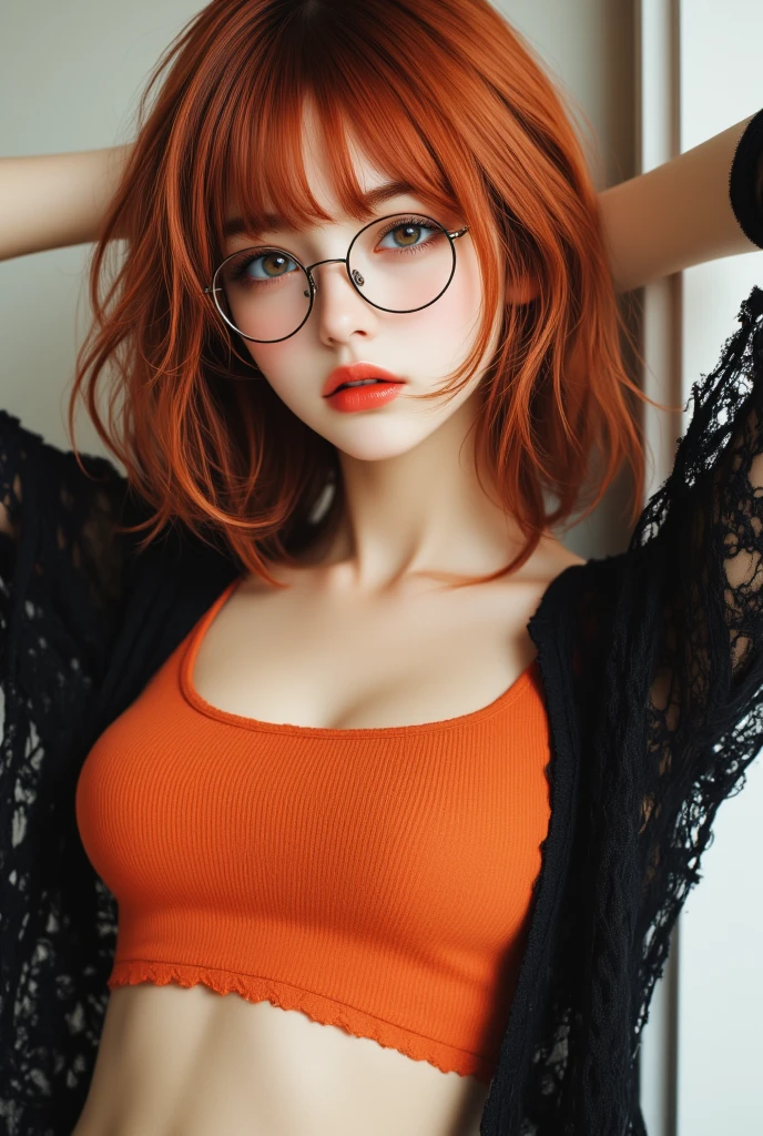 (realistic, photo-realistic: 1.37), (16k, RAW photo, best quality, masterpiece: 1.2), orange eyes, beautiful, ultra-detailed, heart-shaped pupils, physical rendering, ultra high res, front lighting, looking at the viewer, photorealistic, realistic, solo, photorealistic, best quality, extremely detailed face, extremely detailed eyes and face, beautiful detailed eyes, absurd, incredibly absurd, messy short hair, floating hair, ((oaks agrias)), whole body, radioactive orange hair, glasses, bob cut, 16k