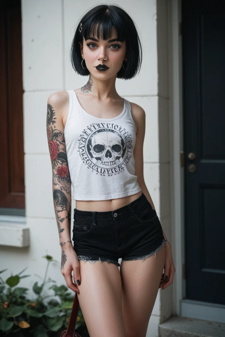photography of a 20yo woman, perfect face, goth girl girl, shorts and fishnets