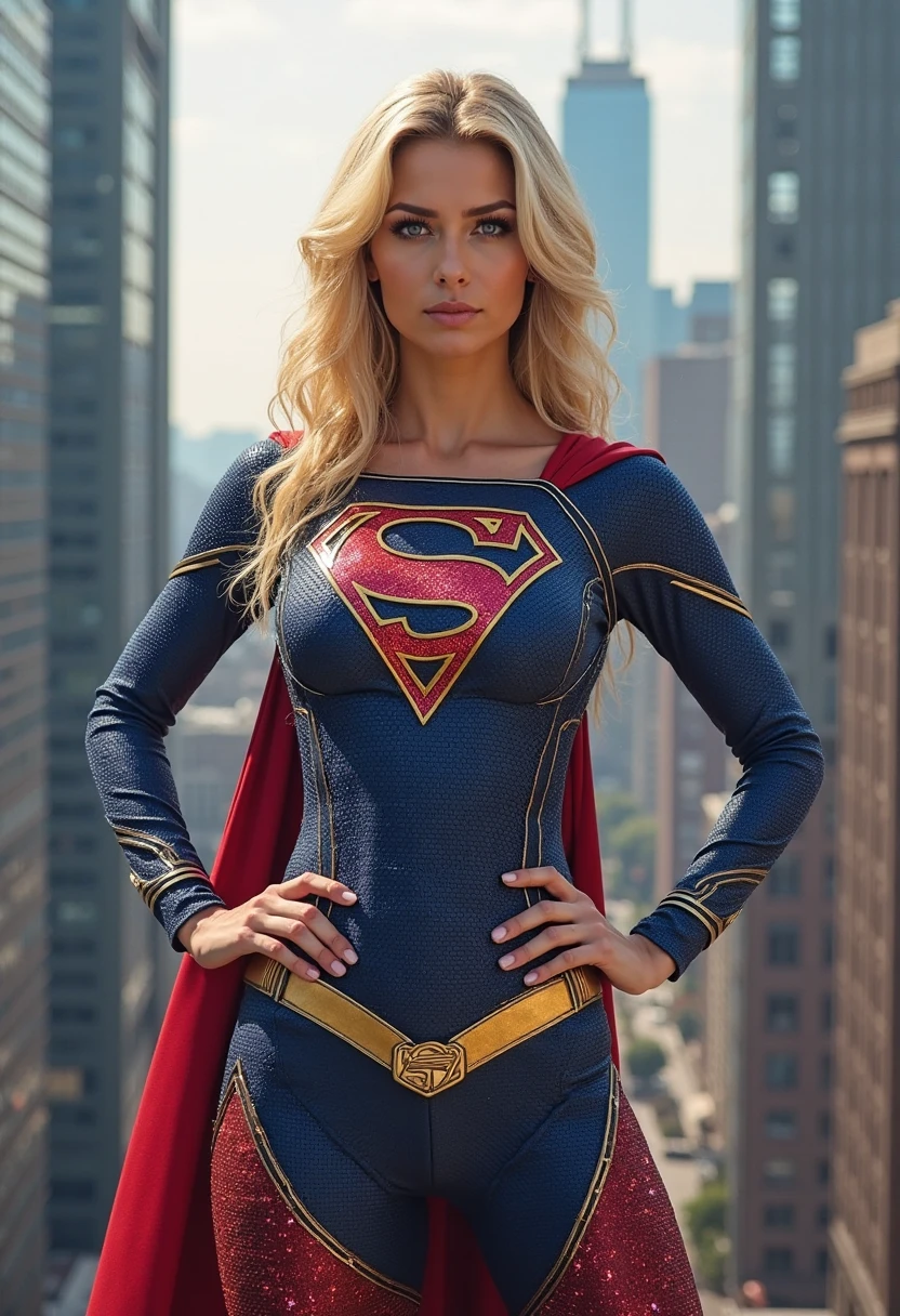 masterpiece, best quality, 1girl, supergirl,long hair,blonde hair,bodysuit,breasts,cape,belt,medium breasts,superhero,gloves,lips,black bodysuit,belt buckle, curvy, toned, large breasts, narrow waist, midriff visible, short red skirt, realistic, 3d, night sky, cityscape, gotham city background