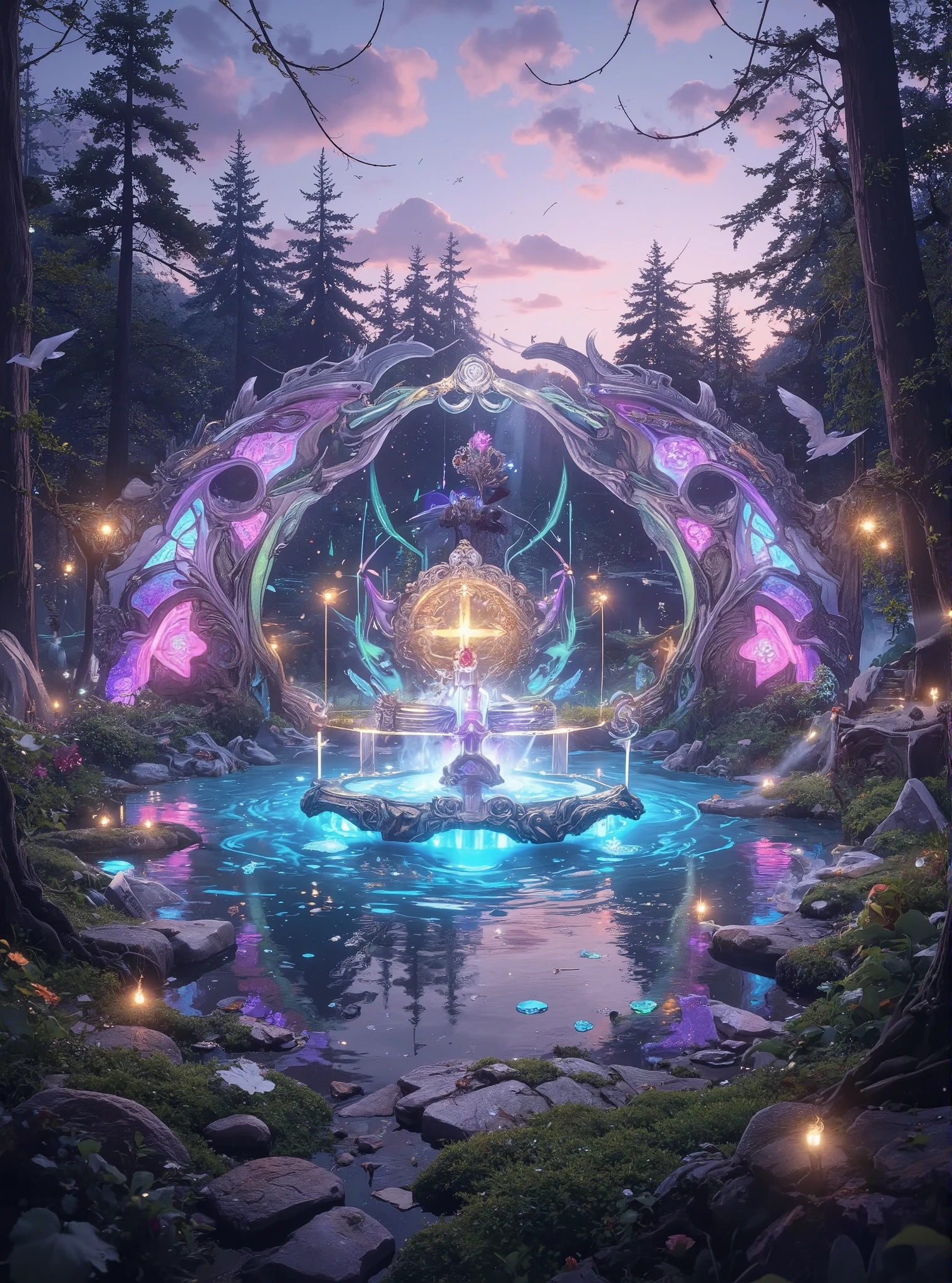 *Imagine a transcendent music festival set in a hidden, enchanted forest at twilight. The sky is painted in brilliant gradients of soft pink, deep purple, and shimmering blue, while the forest floor is blanketed by luminescent moss and dewdrops that catch the light like scattered jewels. At the heart of the scene lies a crystal-clear lake, its surface a mirror reflecting the subtle auroras overhead and the gentle ripple of enchanted, glowing light. A naturally sculpted stage, formed from iridescent stone entwined with bioluminescent vines, rises out of the woodland—a magical platform where celestial musicians perform on ornate, otherworldly instruments. Their melodies materialize as vibrant, cascading waves of multicolored light and delicate, ephemeral symbols that dance in the air. Floating lanterns drift lazily above, and tendrils of enchanted mist infuse the atmosphere with a dreamlike quality. The setting strikes an exquisite balance between soothing tranquility and dynamic, electrifying energy, inviting every onlooker to immerse themselves in an auditory and visual symphony of magic and wonder.