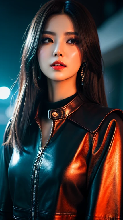 hyper realistic, lifelike texture, dramatic lighting, (best quality:1.1), depth of field, nighttime, in a futuristic cyberpunk city, HDR, shallow depth of field, broad light, high contrast, backlighting, bloom, light sparkles, chromatic aberration, sharp focus, futuristic clothing, leather jacket, beauty512, lnchuu,