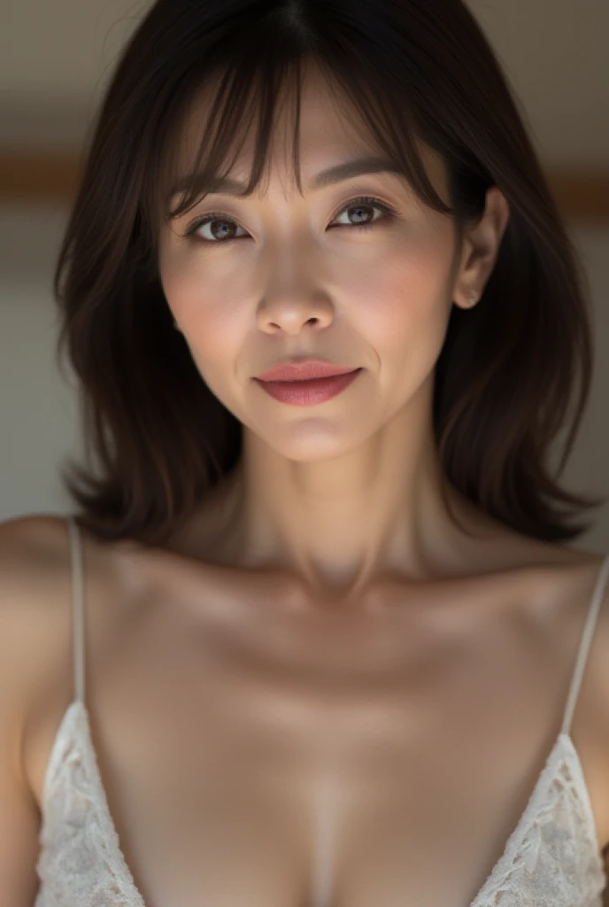 ((Highest quality, 8k, Ultra-high resolution)), ((masterpiece: 1.3)), (Perfect appearance), (Photorealism: 1.6), (JMA), (Who), (Portrait of a mature Japanese woman), (Blurred Background: 1.8), ((grayscale)), ((Look here)), ((Realistic skin texture)), (Fine wrinkles appear all over the skin, Dullness, Unmoisturized skin, Wrinkles around the eyes, double eyelid, Lower eyelid tear sulcus, Dimples, (corner of the eye), Thin eyebrows), Bulbous Nose, Slightly parted lips, Smiling Kindly,