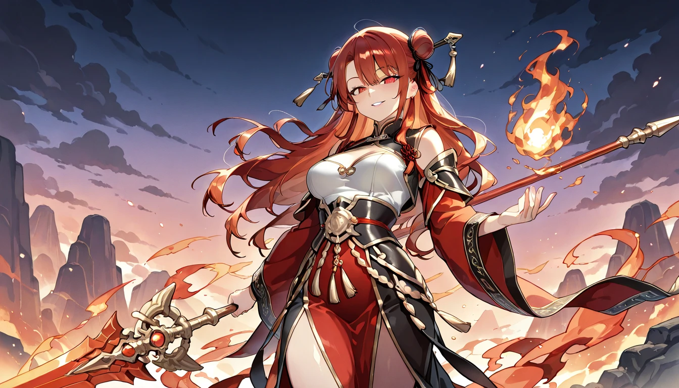 A fiery redhead long flame goddess in a flaming undergarment wields a fire whip、Anatomically correct body、masterpiece、realisitic