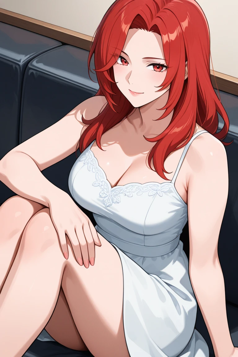 (masterpiece), best quality, expressive eyes, perfect face, highres, 1 girl, solo, shirou emiya girl, (red hair:1.5) (female body:1.3), medium hair, (brown eyes:1.5), (female body:1.3), blue pants, collarbone, pants, shirt, long sleeves, white shirt, oversized shirt, raglan sleeves, garden, landscape background, depth of filed, kneep up, barefoot, smiling sitting on floor, portrait, looking at the viewer, good ilumination, cinematografic light