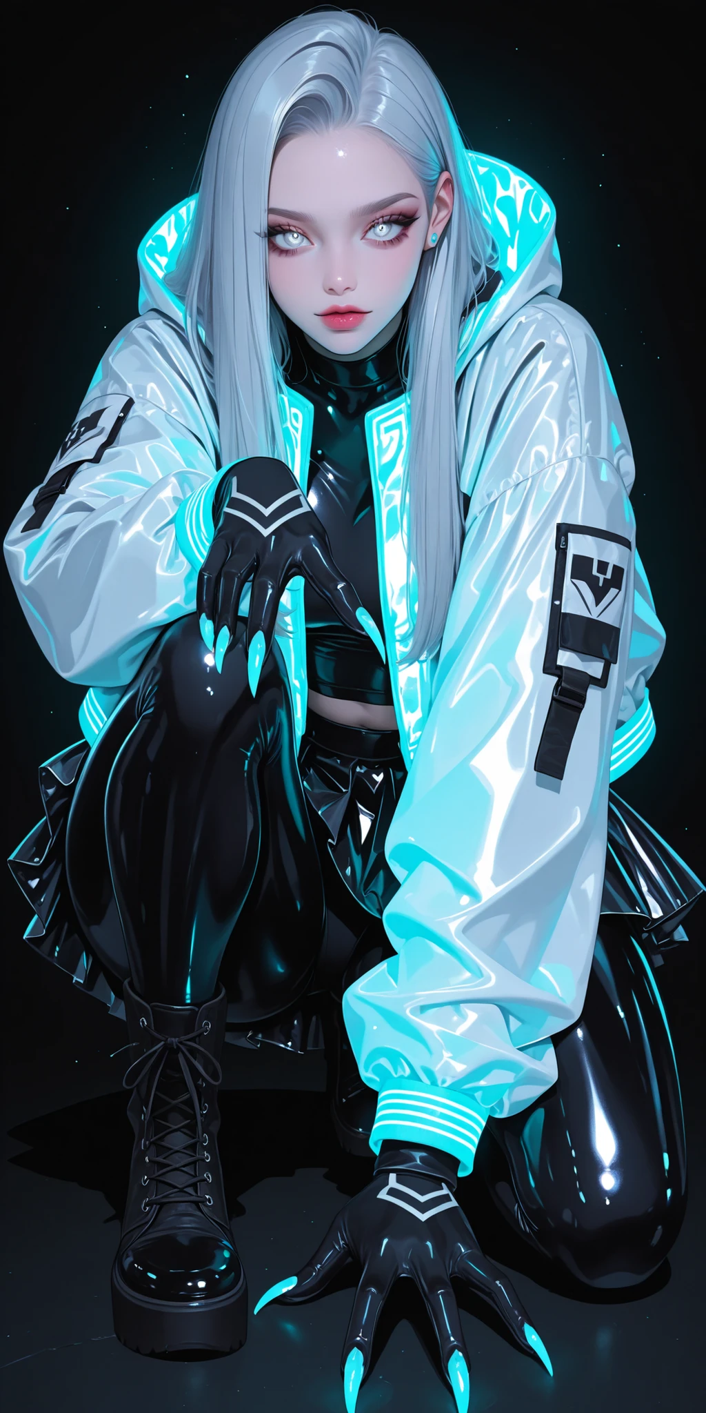 Girl, light jacket, neon, wolverine claw, She poses playfully on one knee, reaching out with one hand, tight, thicc, glossy skirt, silver eye