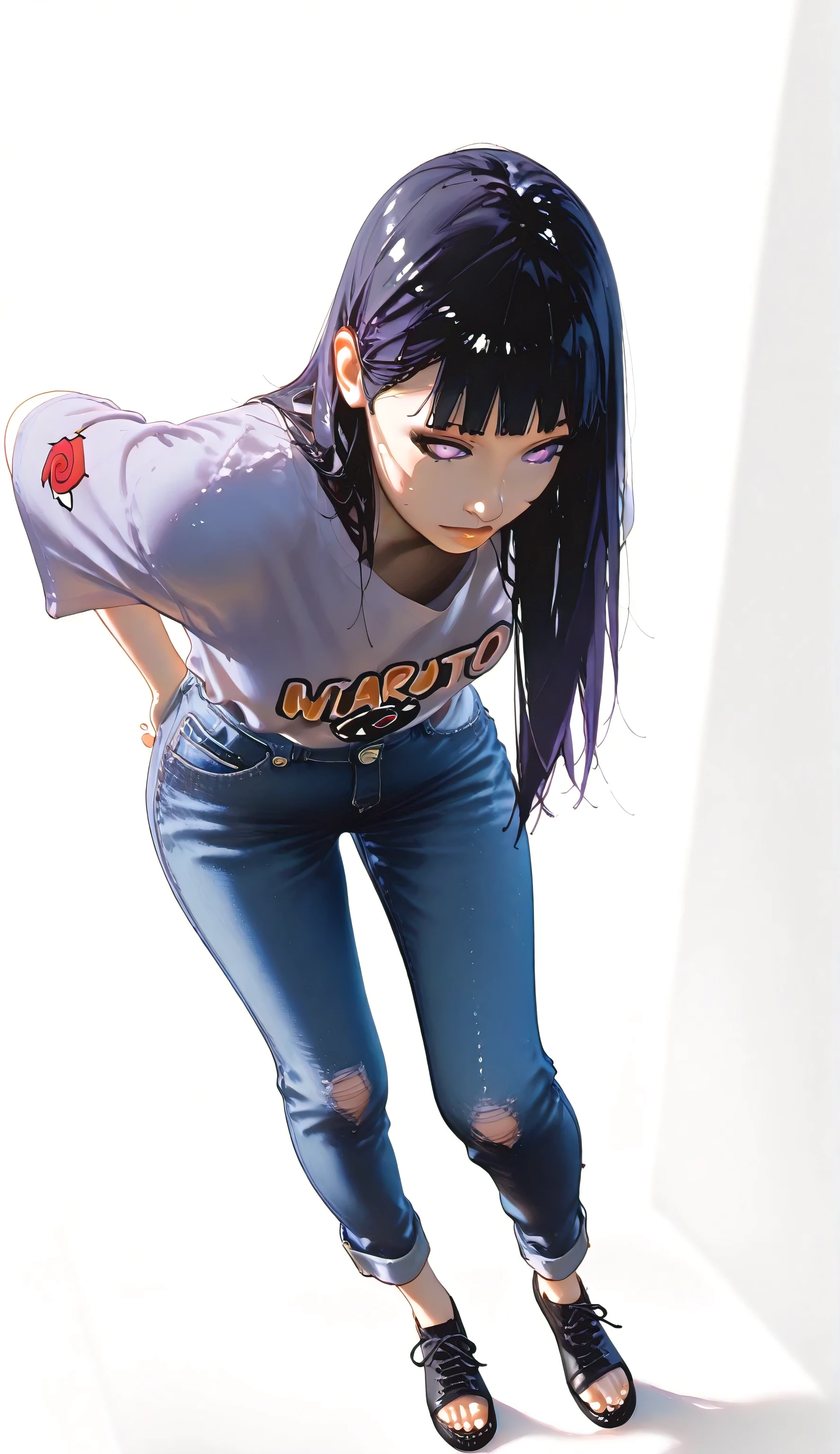 Hinata hyuga, purple eyes like hinata hyuga, innocent face, long hair, hairstyle like hinata hyuga from Naruto shippuden, ,full body shot,, white background, , extrimly clóse up, She is wearing a purple full sleeve tshirt and blue jeans, , , hyper realism , , below to above angle view, , clóse up shot of multiple body parts at one, , shot of lower body side view, with beautiful design, walking in a beautiful aesthetic pose like môdel, , , leaning forward, extremely hyper realism, detailed skin texture, detailed increase, hyper realistic, realism, thucc thighs, extrimly blurred background, blur intensity is very high, very beautiful