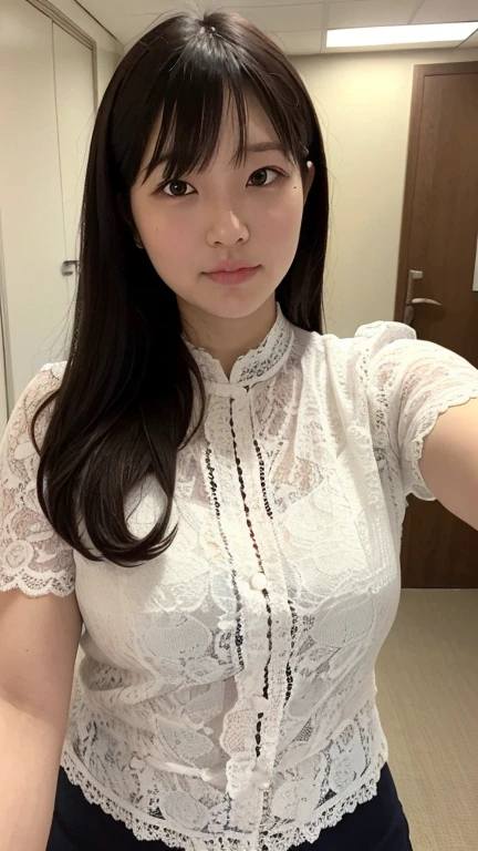 highest quality,masterpiece,Ultra-high resolution,(Realistic:1.4),Beautiful lighting, (Highly detailed CG Unity 8k wallpaper), Beautiful face in every detail,Detailed clothing, 50mm portrait photography, No background、One Girl,Big black eyes, cute, young, Temporarily stop, Facial Lighting, Physically Based Rendering,Written boundary depth , Black Hair, short hair, ((Take from above)), Japanese women、20-year-old、Beige lace shirt、(Big Breasts)、(Upper Body)、Young and beautiful woman taking a selfie, Taken with iPhone camera、In front of a white wall
