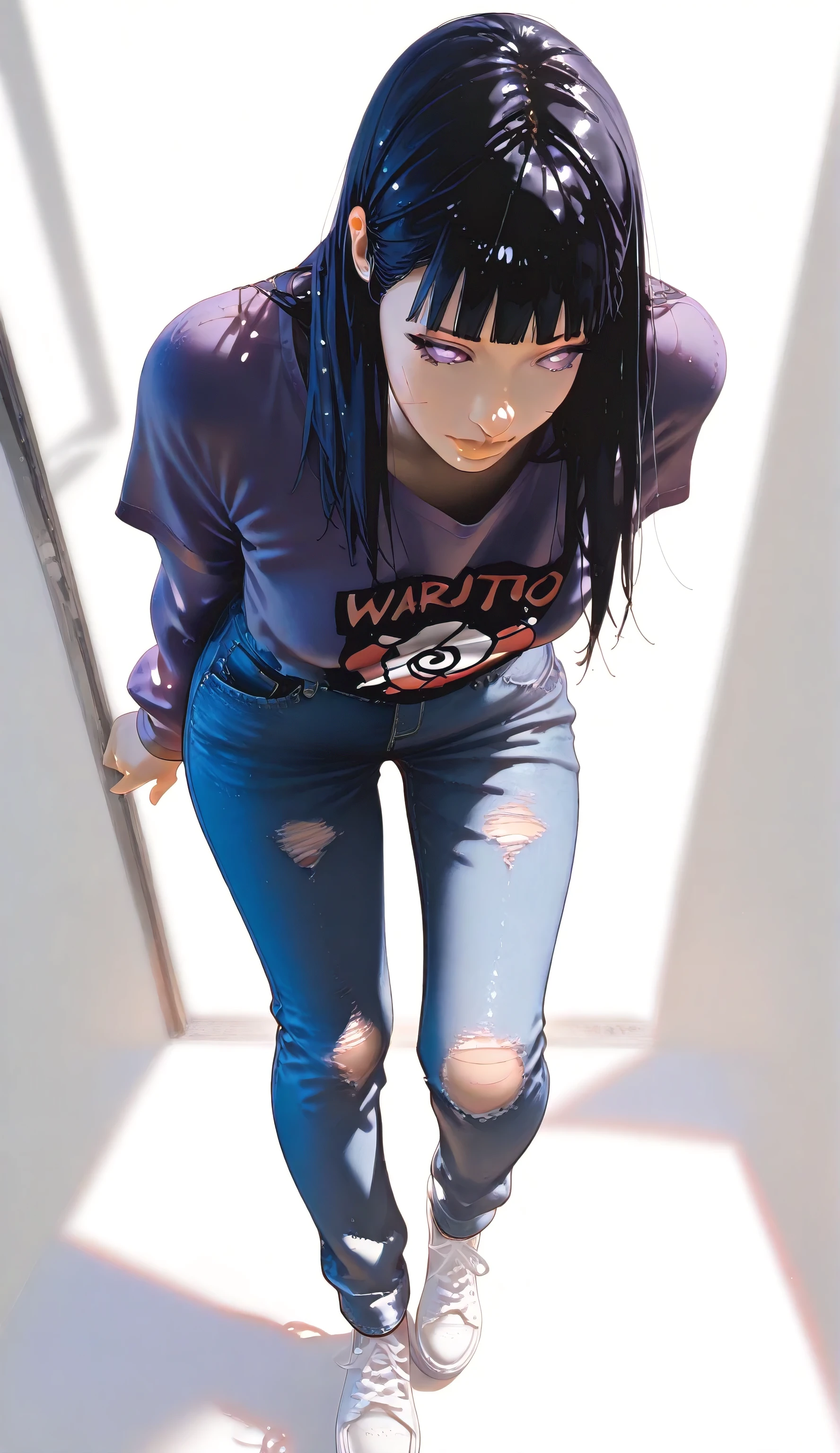 Hinata hyuga, purple eyes like hinata hyuga, innocent face, long hair, hairstyle like hinata hyuga from Naruto shippuden, ,full body shot,, white background, , extrimly clóse up, She is wearing a purple full sleeve tshirt and blue jeans, , , hyper realism , , below to above angle view, , clóse up shot of multiple body parts at one, , shot of lower body side view, with beautiful design, walking in a beautiful aesthetic pose like môdel, , , leaning forward, extremely hyper realism, detailed skin texture, detailed increase, hyper realistic, realism, thucc thighs, extrimly blurred background, blur intensity is very high, very beautiful