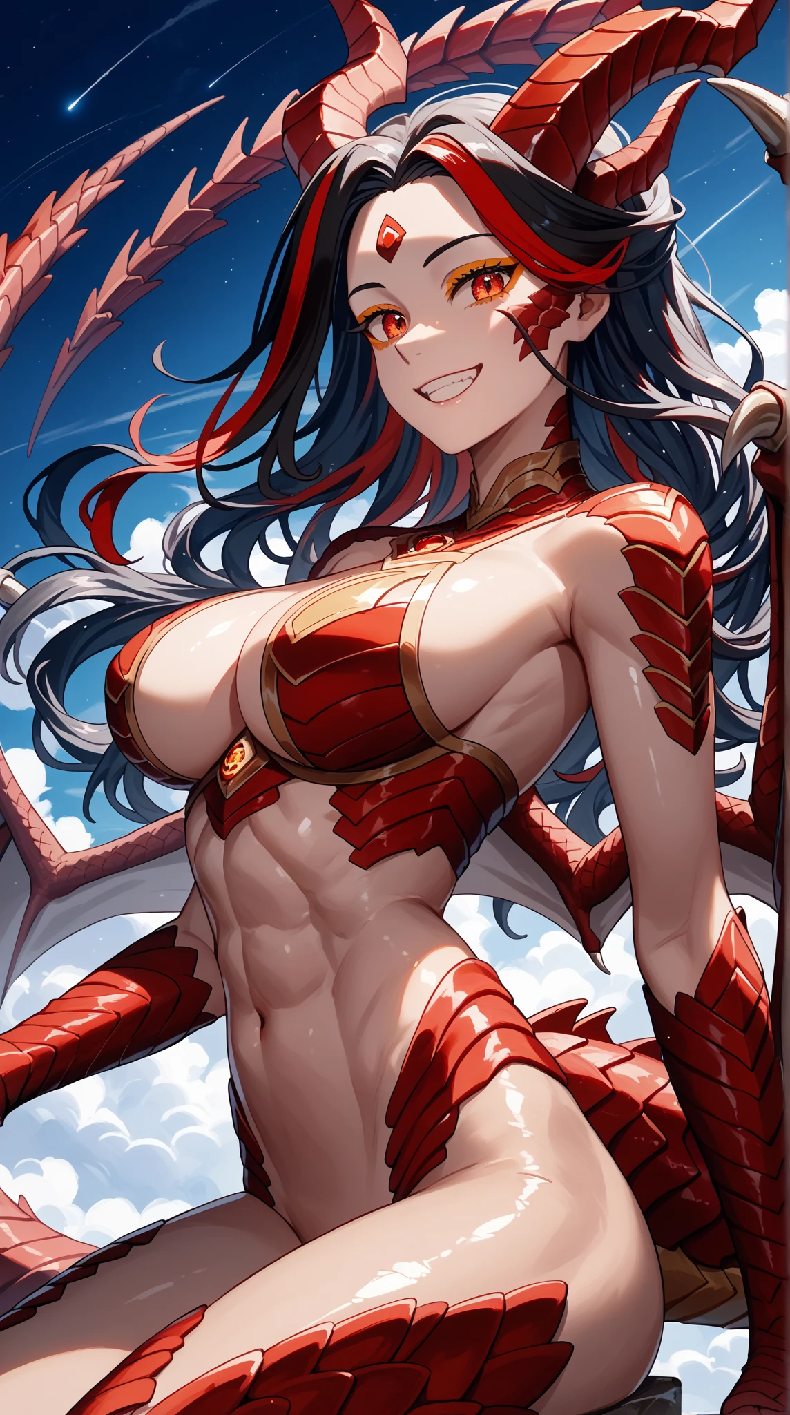 Masterpiece, high quality, best quality, beautiful, HD, perfect lighting, detailed face, detailed body, 1 girl, solo, (long red hair), red eyes, large breasts, (night), night city, ((blue armor)), sexy pose, sexy face, furrowed brows, anger, pastels, bikini armor ((white devil wings))