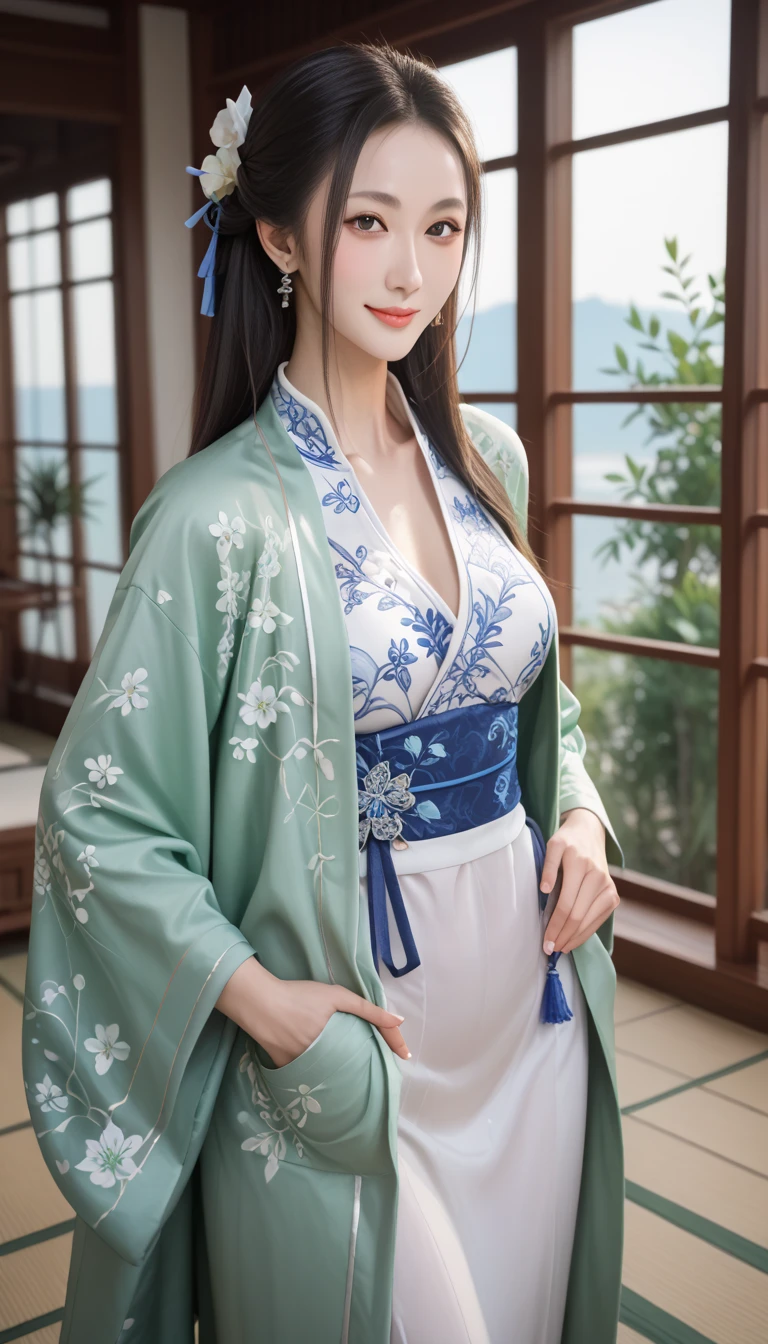 (((Normal dressing:1.5))),(Surreal), (High resolution), (8K), (Very detailed), (Best illustrations), (Beautifully detailed and sparkling eyes), (Highest quality), (Very detailedな), (masterpiece), (wallpaper), (Detailed face), (Beautiful smile)、(Beautiful expression)、alone、(((Big Breasts)))、Looking into the camera、((Glamorous Body))、(((shrine、Beautiful kimono)))