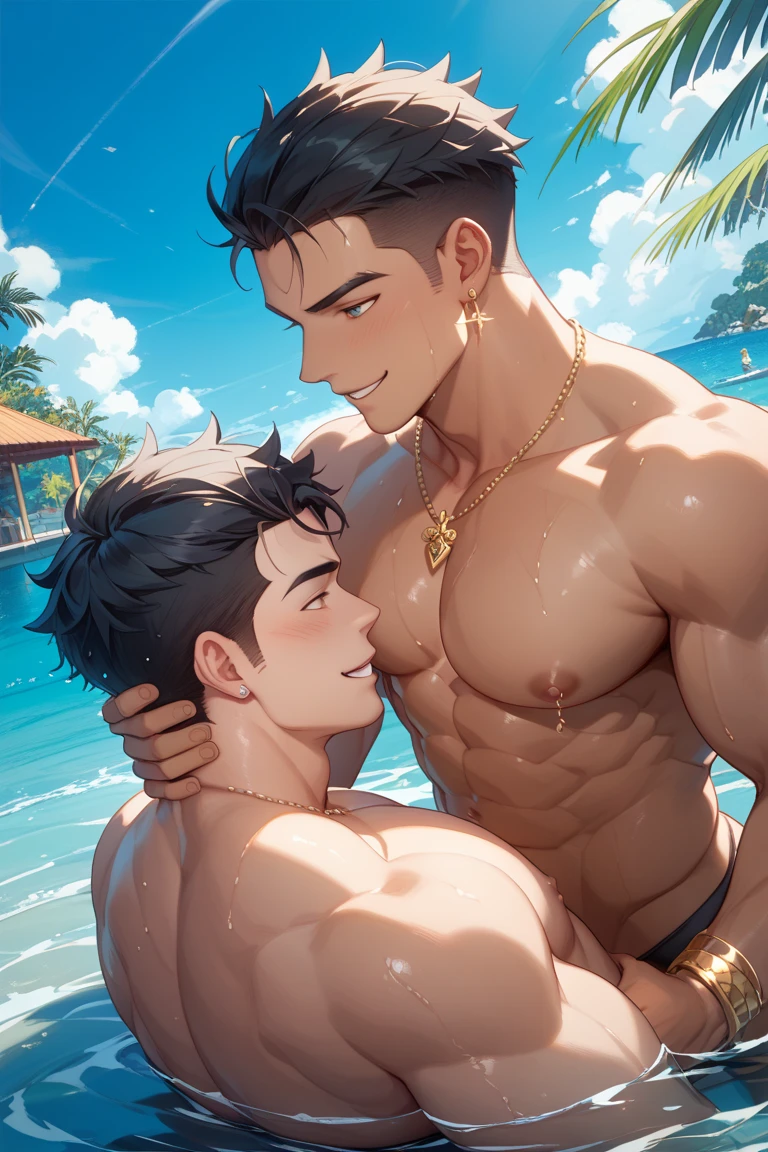 best quality, masterpiece, handsome polynesian man, tan skin, wavy dark hair, round eyes, nude, having sex with another three men, huge cocks, anal penetration, fellatio, grabbing each other, at a festive birthday party, seductive expression, hardcore gay orgy, explosive cumshot, excessive cum, sexy, gay, homoerotic, perfection, no watermark, no logo, no signature