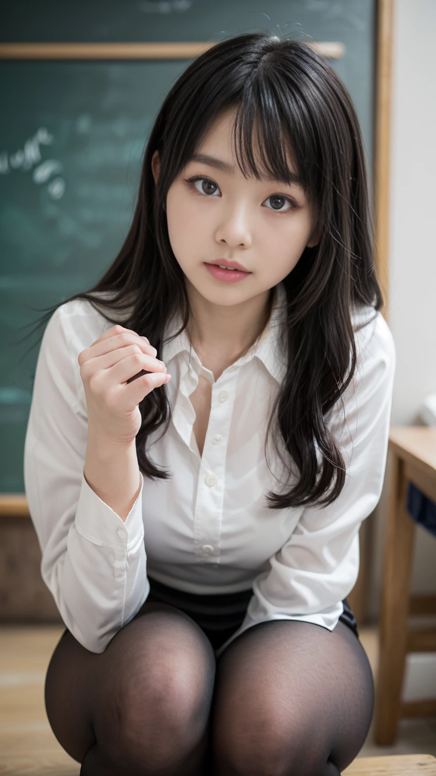 (Professional portraits, realistic and perfectly shaped subjects:1.3), (masterpiece, best quality:1.2), (Realistic, hyper realistic, photorealistic:1.3), ultra highres, intricate details, ultra detailed, (extremely detailed CG, unity 8k wallpaper:1.3), distinct image,
BREAK
(1 Japanese girl, 18 years old), (cute, kawaii), (perfect anatomy, correct limb:1.2), Detailed beautiful delicate face, Detailed beautiful delicate eyes and eye highlights, (Very thin and delicate eyelashes that are not too long), (alluring eyes, finely detailed beautiful blown big eyes and detailed face), natural makeup, pink lip, lip gross, stylish face, (lustrous skin, realistic detailed skin), (brown hair:1.2), medium breast,
BREAK
(school uniform), jk, high school girl、white blouse, check pleated skirt, black knee socks, (wearing black loafers),
BREAK
classroom, ((sitting on chair)),
BREAK
((blush:1.4)), ((embarrassed:1.4)), (((shy:1.4))),
BREAK
looking at viewer,