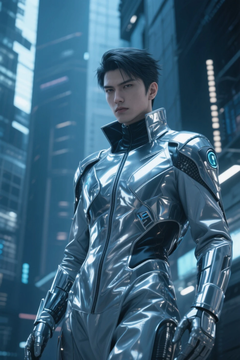 (zPDXL2), score_9, score_8_up, score_8, score_9, XXX Rating, Photo Real, realistic, A sensual man, with fair skin and silver hair, (upper part of the body), posing confidently in a futuristic setting with shiny skyscrapers in the background. He's wearing a form-fitting tech suit, with blue LED lights highlighting his muscular lines. Neon lighting creates a dramatic, futuristic effect around you, GlamorShots_PDXL