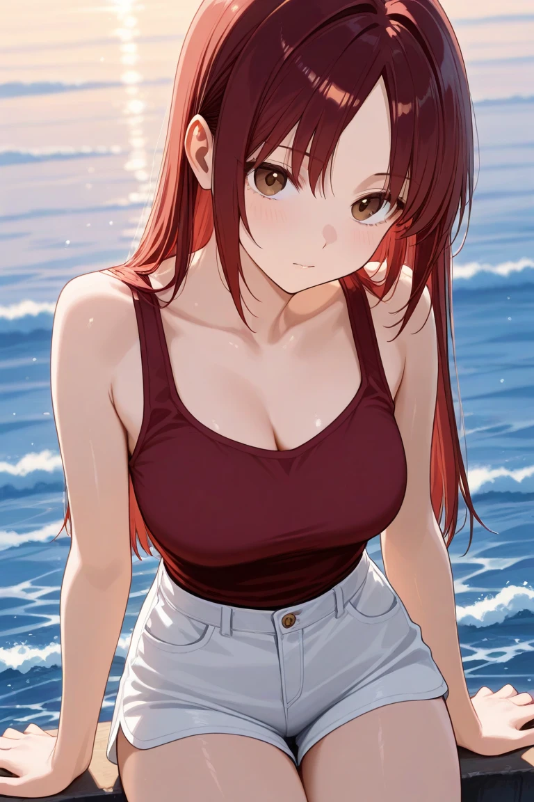 masutepiece, Best Quality, Illustration, Ultra-detailed, finely detail, hight resolution, 8K Wallpaper, Perfect dynamic composition, Beautiful detailed eyes, Trendy Women's Winter Fashion,Straight hair, large breasts:1.5, natural color lip, Slightly red cheeks, Light eyeshadow, sexypose, Smile, seaside, Sandy Beach, 23 years girl、adult, Cute, looking at the camera, tight t_shirt, mini pleats  skirt, lying on the sandy beach, ((Open her legs)), close-up, 