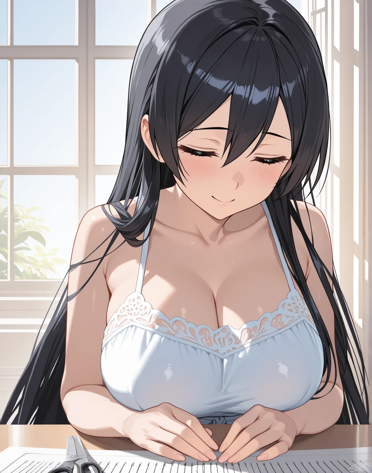 (Perfect hands, Perfect Anatomy:1.4),(14 years old,Middle school students:1.4),(anime:1.4),正面figure, Satin Ruiko, alone,(White lace underwear:1.5),(A neat figure,thin:1.4),(Hairstyle is a princess cut:1.4),(Black Hair:1.4), blue eyes, (Black Hair:1.4),Long Hair,(Straight long hair:1.4), hair ornaments, (1 white flower decoration:1.4),(tsurime:1.4),(Sitting),(Broke up_lips:1.4),(Hime cut:1.4),(Large Breasts:1.4),(arms behind back:1.3), Leg spread,(Wicked Smile:1.4),(14 years old:1.4),(Wet:1.4),Sit on, (View your viewers:1.3),(Bedroom:1.4),On the bed,(Dazzling sunlight,summer:1.4)、 break (Hime cut:1.4),(masterpiece:1.5),(Extremely accurate details,Ultra-high resolution:1.4),Highly detailed CG Unity 8k wallpaper,(Realistic,Photorealistic,超Realisticな:1.5),(curve,model,Glamour:1.5),Beautiful breasts,color_aberration,Beautiful detailed shadows,Beautiful Eyes,Beautiful body,Beautiful Skin,Beautiful Hands,(美的animeの目:1.4),(figure:0.8), (Beautiful attention to detail:1.4), Highly detailed face, Perfect lighting, Highly detailed CG, (Perfect hands, Perfect Anatomy:1.4),