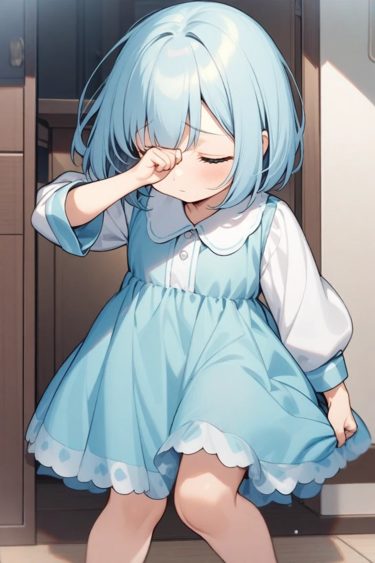 1girl with long hair and dress, 1 girl is taking to lavatory, looking away, standing, embarrassed, blush, Keep one's mouth shut, street (girl is peeing self:0.4) <lora:GoldenSide-v21-1-e32-T1_lora:1> <lora:haveToPeePose:1> <lora:griseo:1>