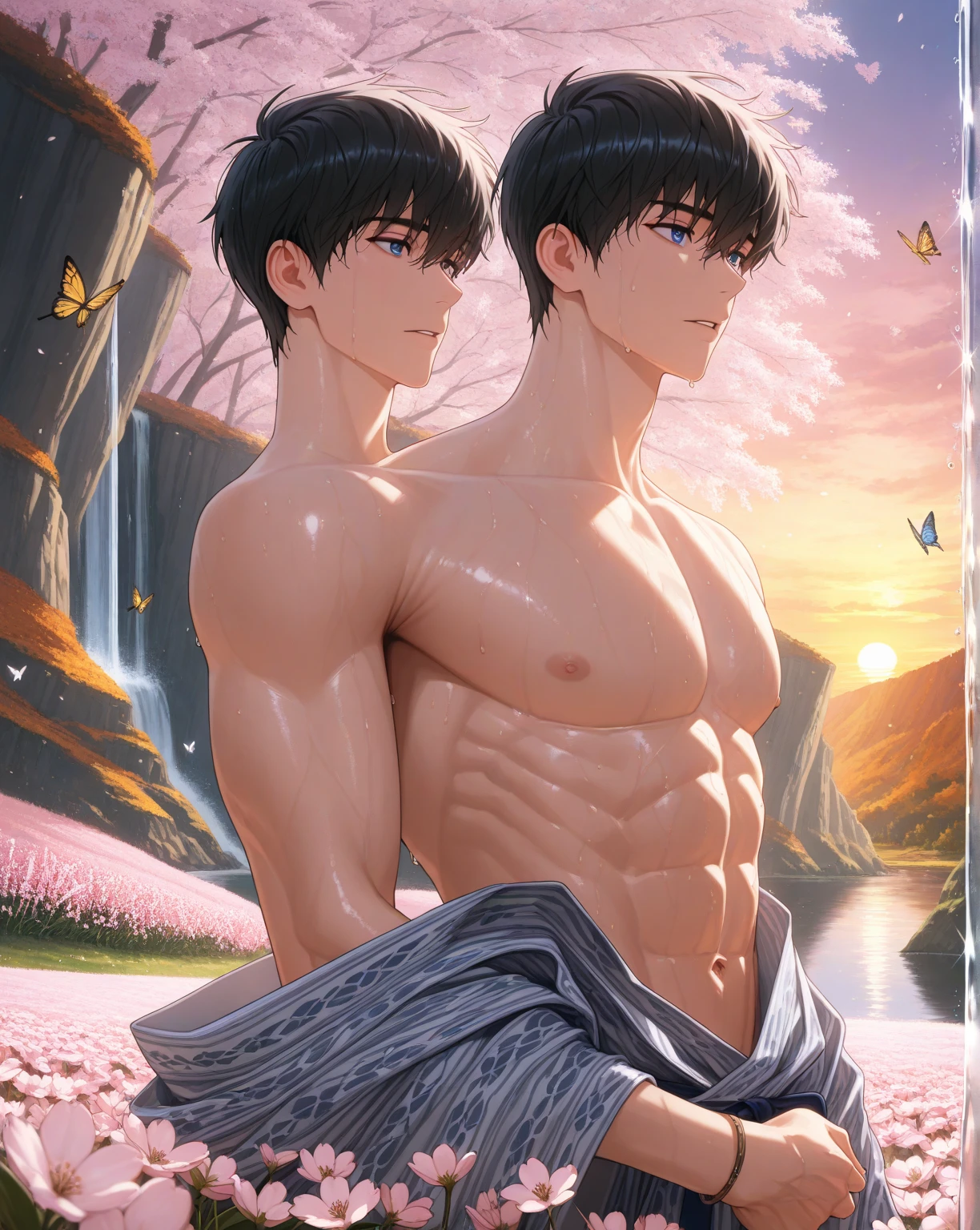 masterpiece,best quality,high quality,extremely detailed,(2male austere handsome two adult age 30 years old:1.5),(purple eyes, cool with suspended eyes), body strong and fearless 8.5 head tall and 185cm tall,(well-groomed black hair short hair to neck:1.4), (bangs parted in thirds:1.4), (pectoral and rectus abdominis muscles:1.3), slender nose, facial muscles, (boxer saltwater pants: 1.3), (hugging: 1.3), (scowling: 1.3), (bathing and wet: 1.3), (stylish pose), (background summer river, waterfall and forest: 1.3), (Milky Way Night Sky: 1.3)