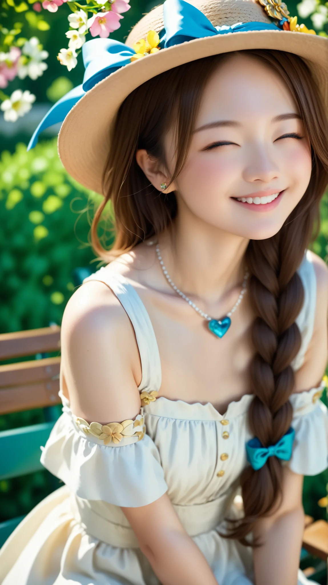 masterpiece, Highest Quality, viewers,
one girl, alone, smile, is sitting, real hair ornaments, shoulder cutout, braiding, dress, brown hair, (close your eyes:1.1), twin braidings, , long hair, bench, green, ãã©ã¹ , white dress, jewelry, clothing clippings, bungs, necklace, Floral, Blurred, hand between the legs, Blurred background, between the legs, bow, In-person audience, chest, exposes shoulders, sun real hair ornaments, straw real hair ornaments, day, clavicle, hair bow, Short sleeve, leg was removed from the frame between the hands and feet, ribbon, Brown hat, on bench, depth of written border, park bench, ^_^, hair hanging over shoulders,
day, null, field of flowers, petals,