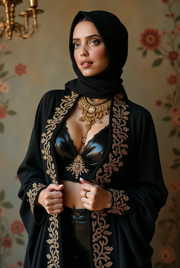 cowboy_shot,(iu:0.8),cleavage, RAW, Best quality, high resolution, Masterpiece: 1.3, Beautiful glasses pearl_skinned sexy hijabi javanese wearing cosplay, Masterpiece, Soft smile